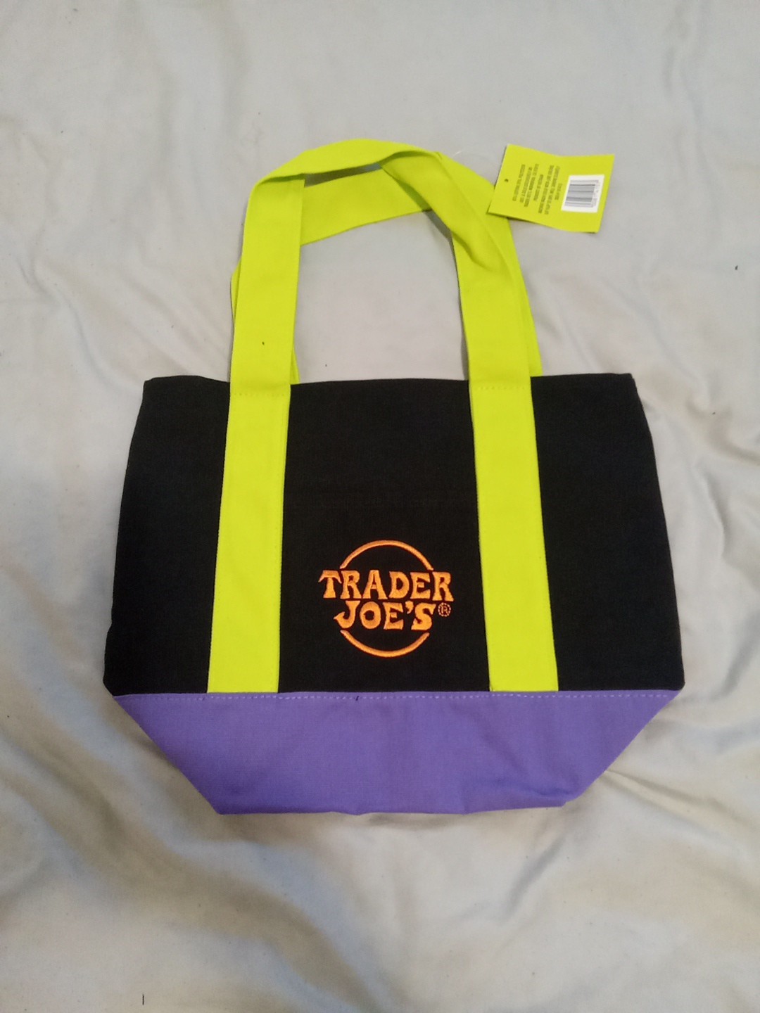 New Trader Joes Mini Canvas Tote Bag 10×13″ Black Purple Green Orange Lettering