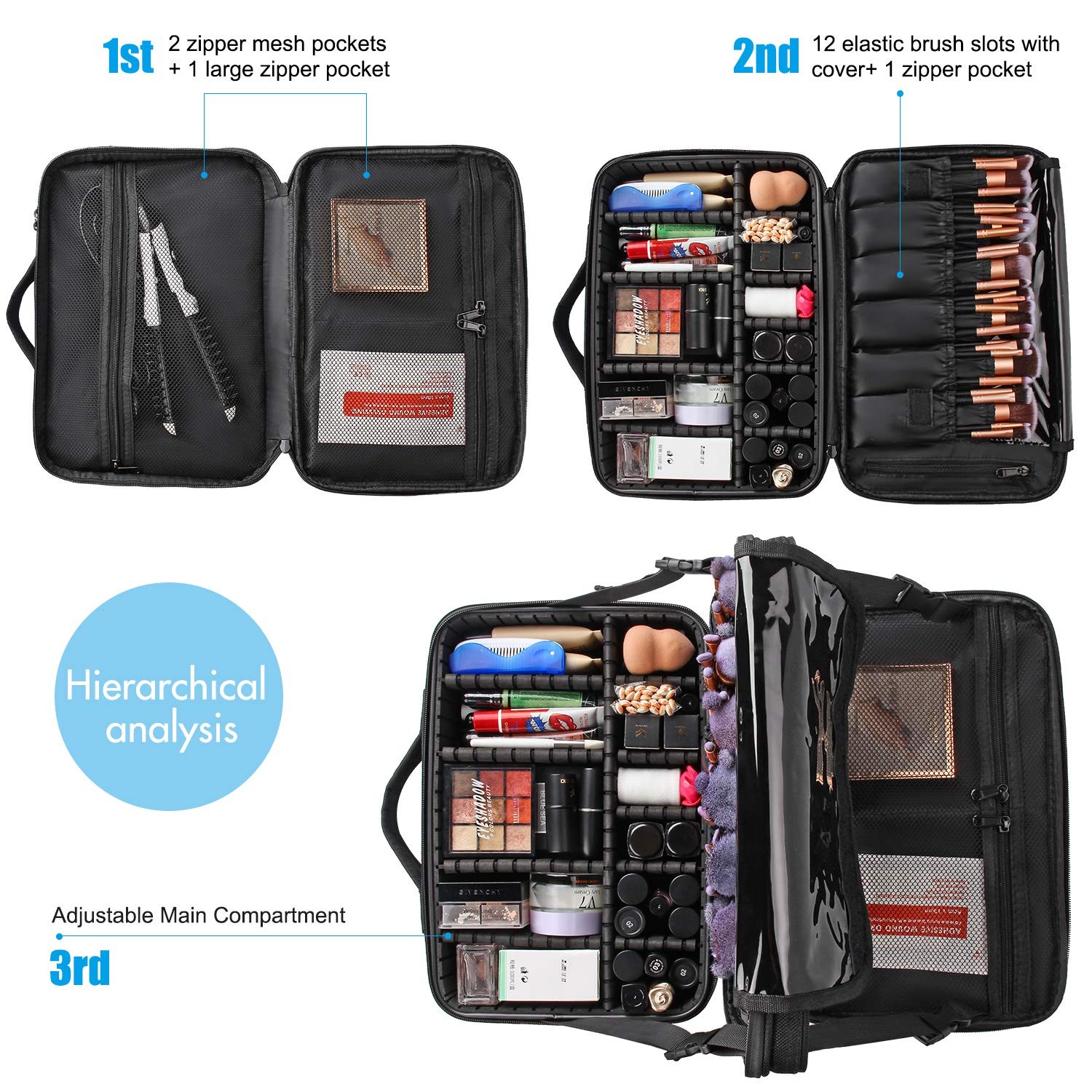 Relavel Makeup Bag Travel Train Case 13.8 inches Large Medium, m Black