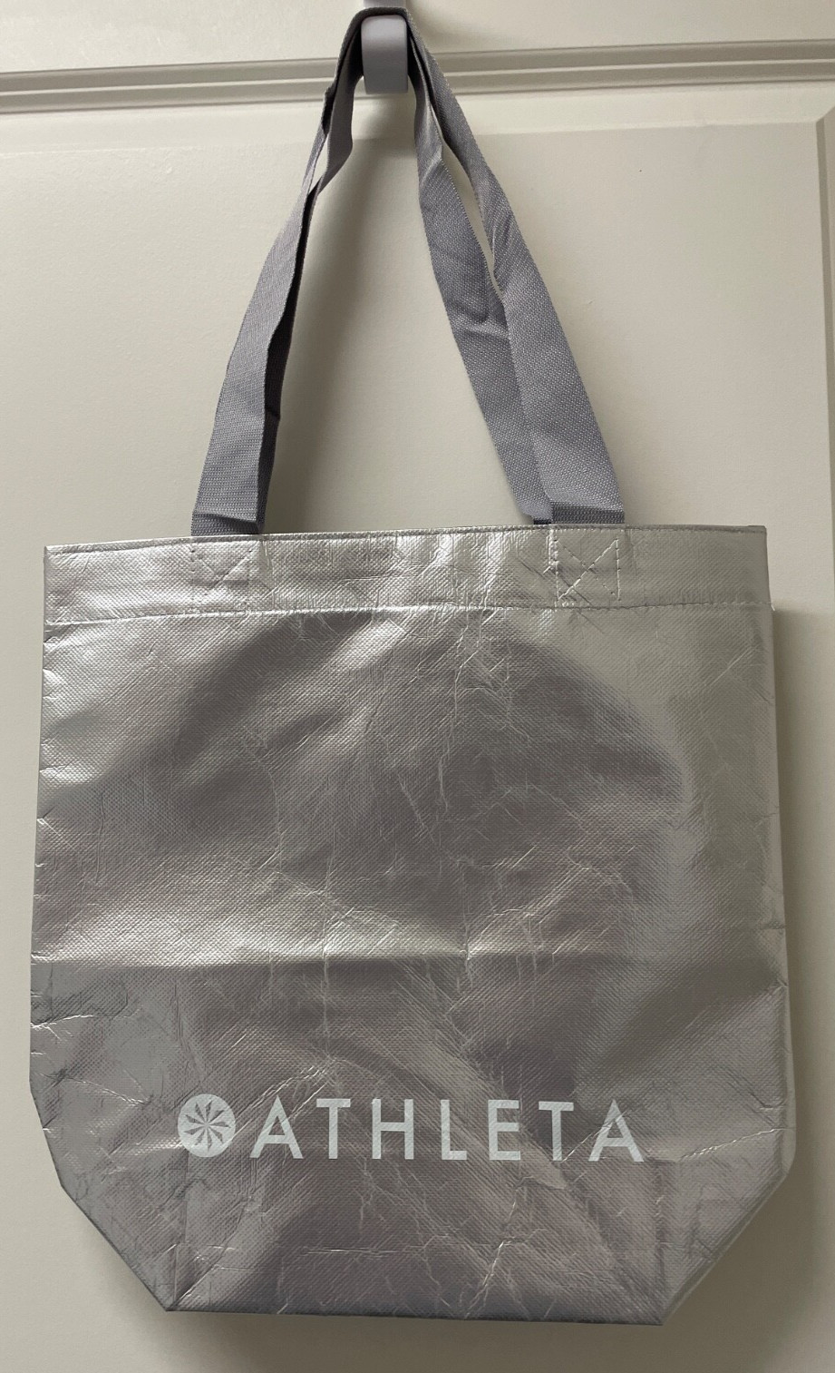 ATHLETA Reusable Tote Bag Shopping Bag Silver Metallic with Handles