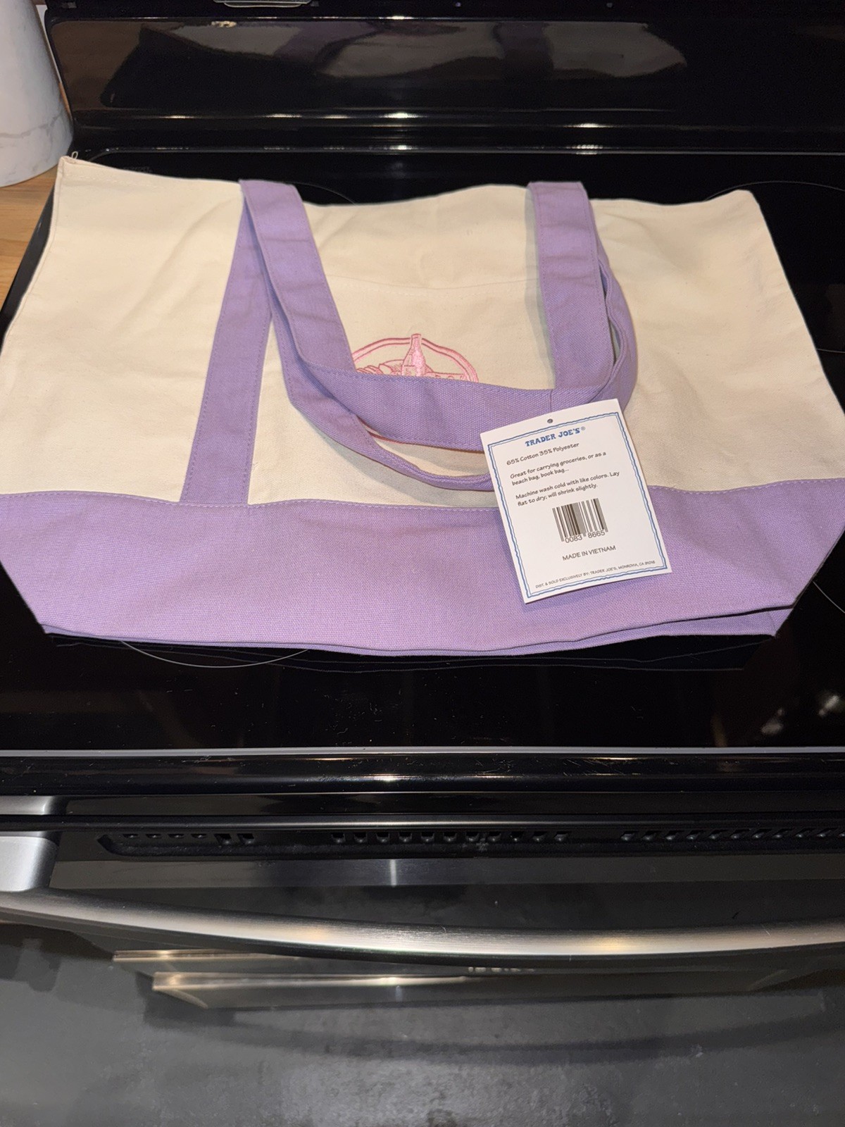 Trader Joe’s Foldable Canvas Pastel Tote Bag Purple Beige