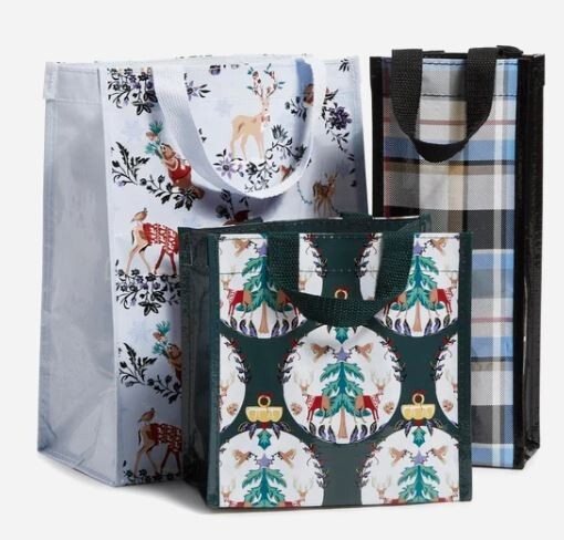 VERA Bradley Set OF 3 MARKET TOTE shopping HOLIDAY Merry Mischief wine bag reuse