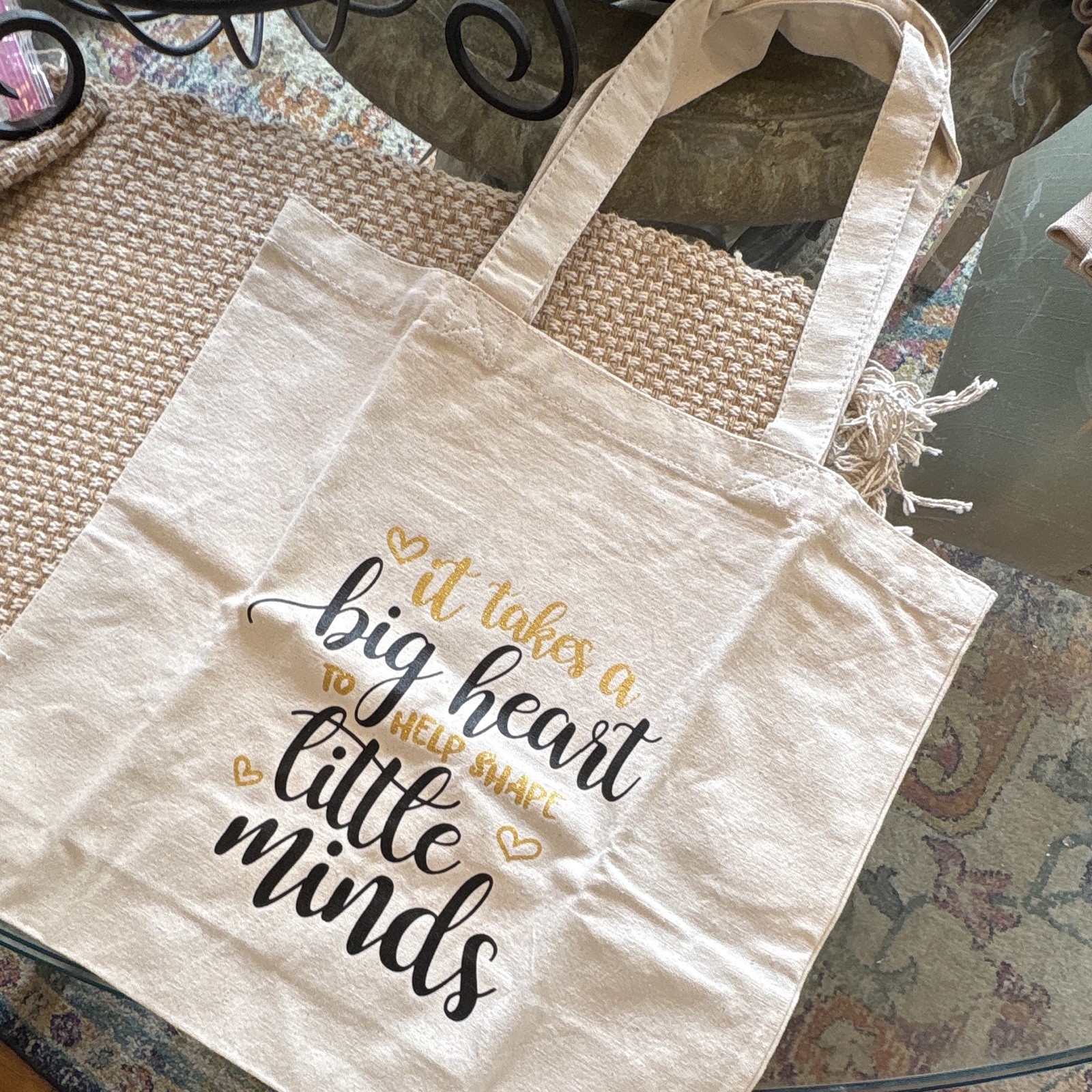 Reusable Canvas Tote for Teachers Bag Large 15x14x6 Beige Text Print Black Gold
