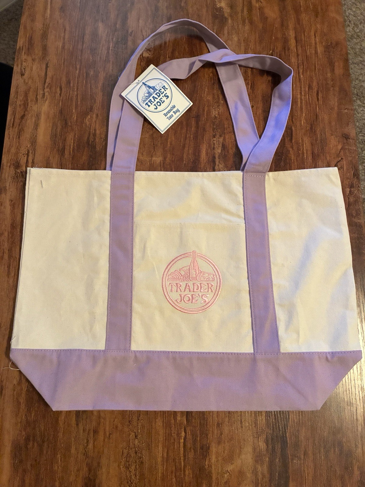 Trader Joe’s Large Pastel Canvas Tote Bag Purple Cream Reusable NEW w/ Tag