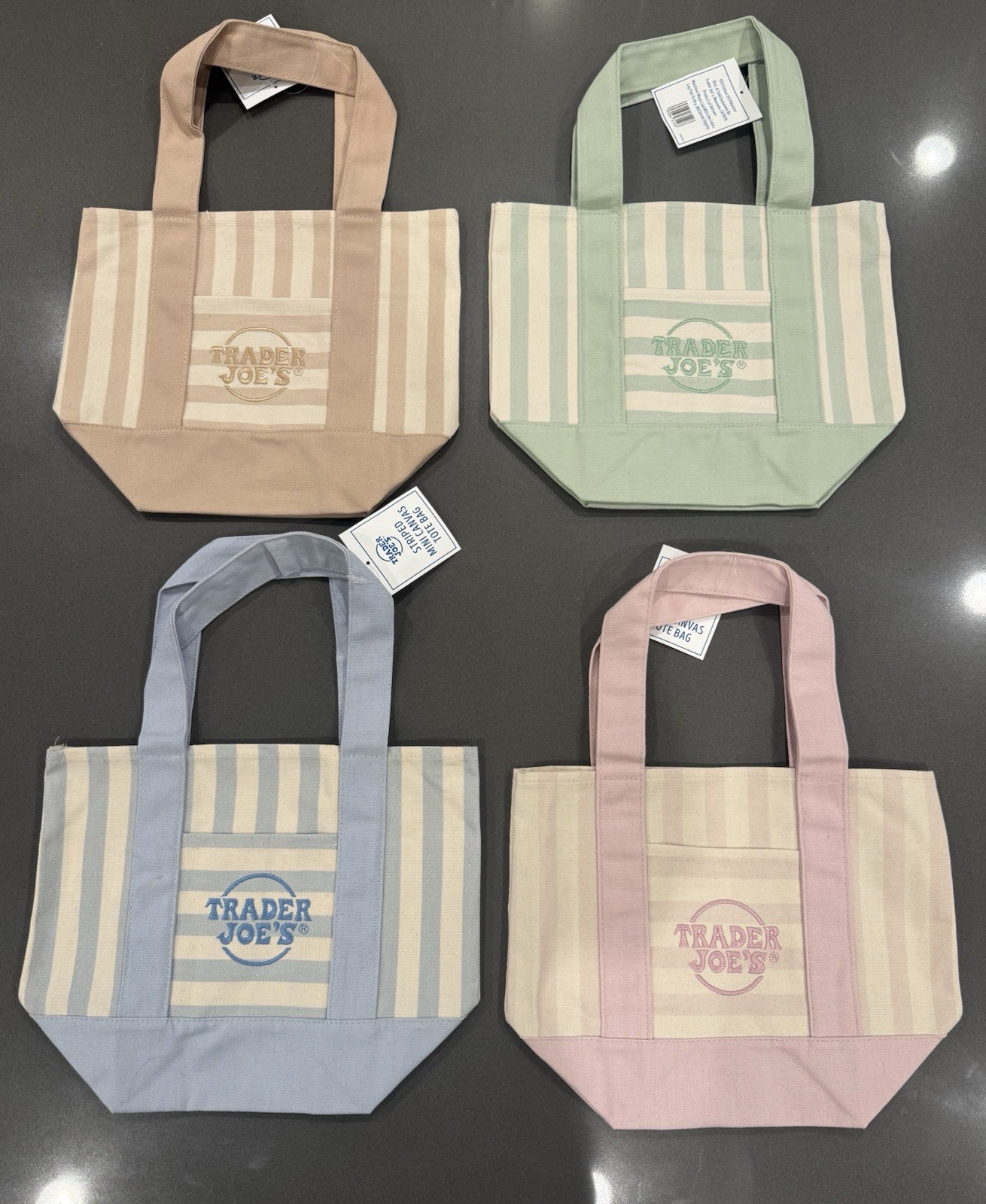 TRADER JOE’S MINI PASTEL STRIPE CANVAS TOTE BAGS SET Of 4 PINK BLUE GREEN BEIGE