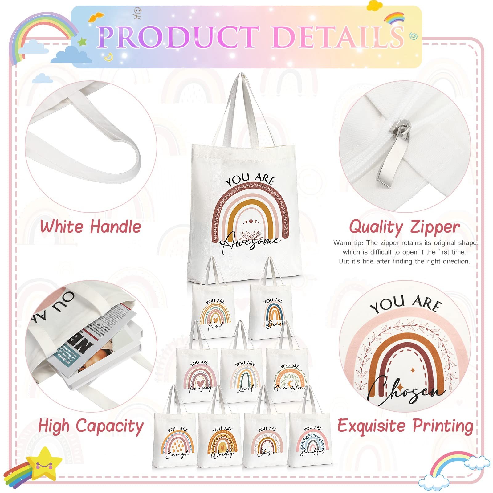 10 Pcs Thank You Gifts: Canvas Tote Bags with Zipper, Inspirational Quotes, T…