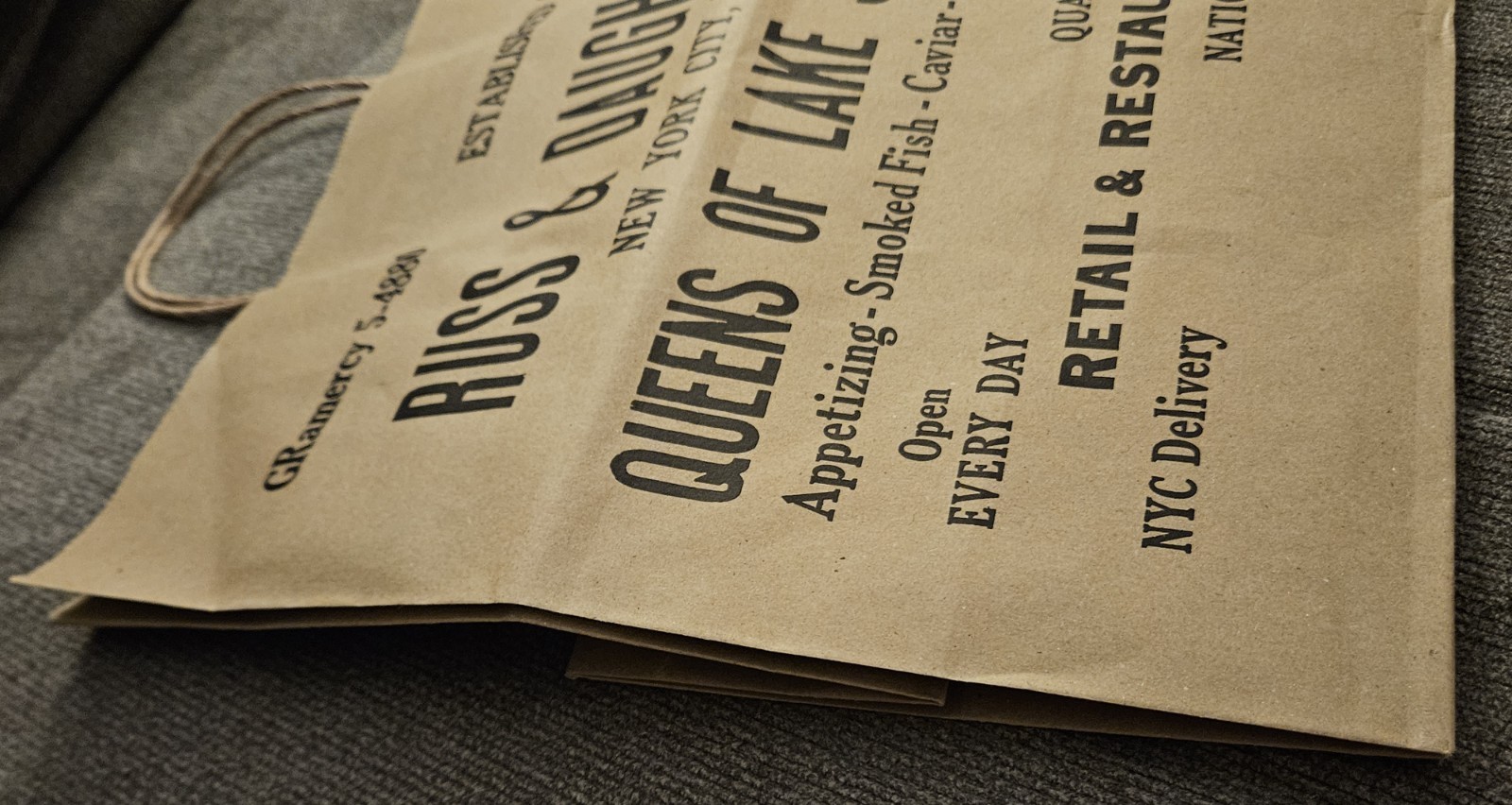 Russ & Daughters Brown Paper Tote Shopping Graphic Print Bag New York Bagel RARE