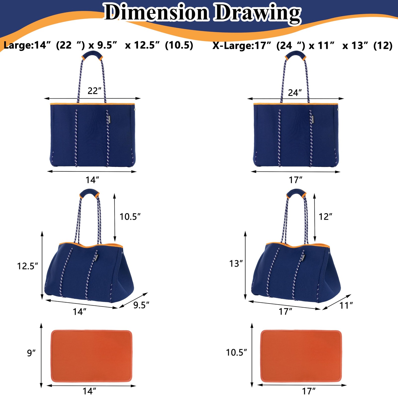 Neoprene Multipurpose Beach Bag Tote with Inner Zipper Pocket (Dark Blue, Large)