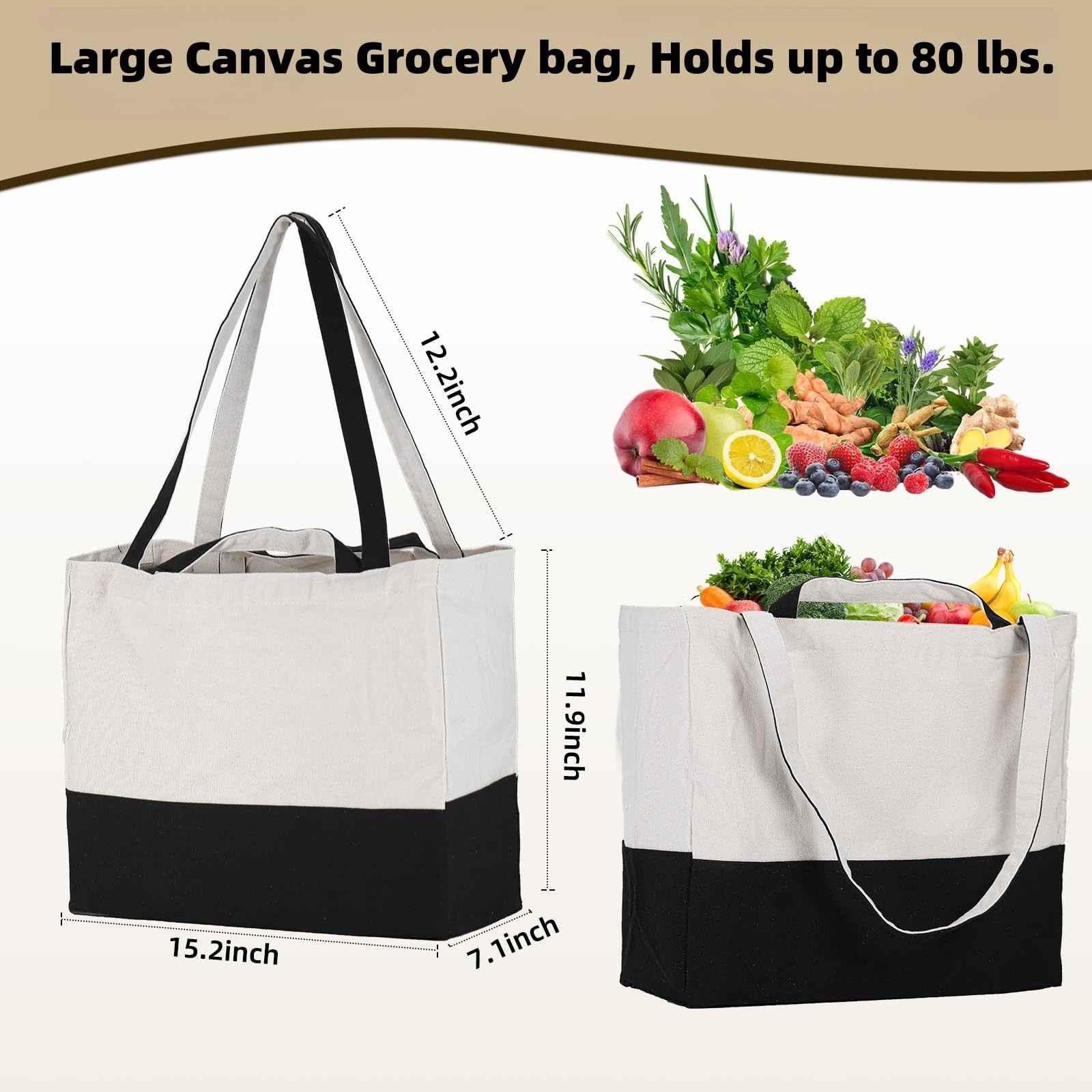 LINICE Canvas Tote Bag Reusable Grocery Bags with Long Shoulder Strap and Sho…