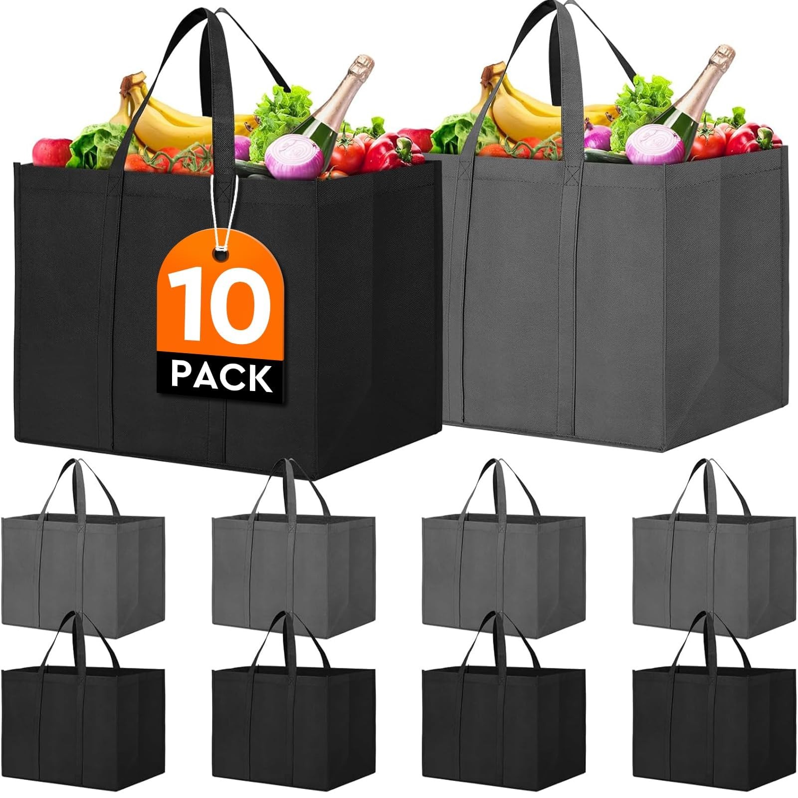 WISELIFE Reusable Grocery Shopping Bags 10 Pack Large Large, Black, Dark Grey