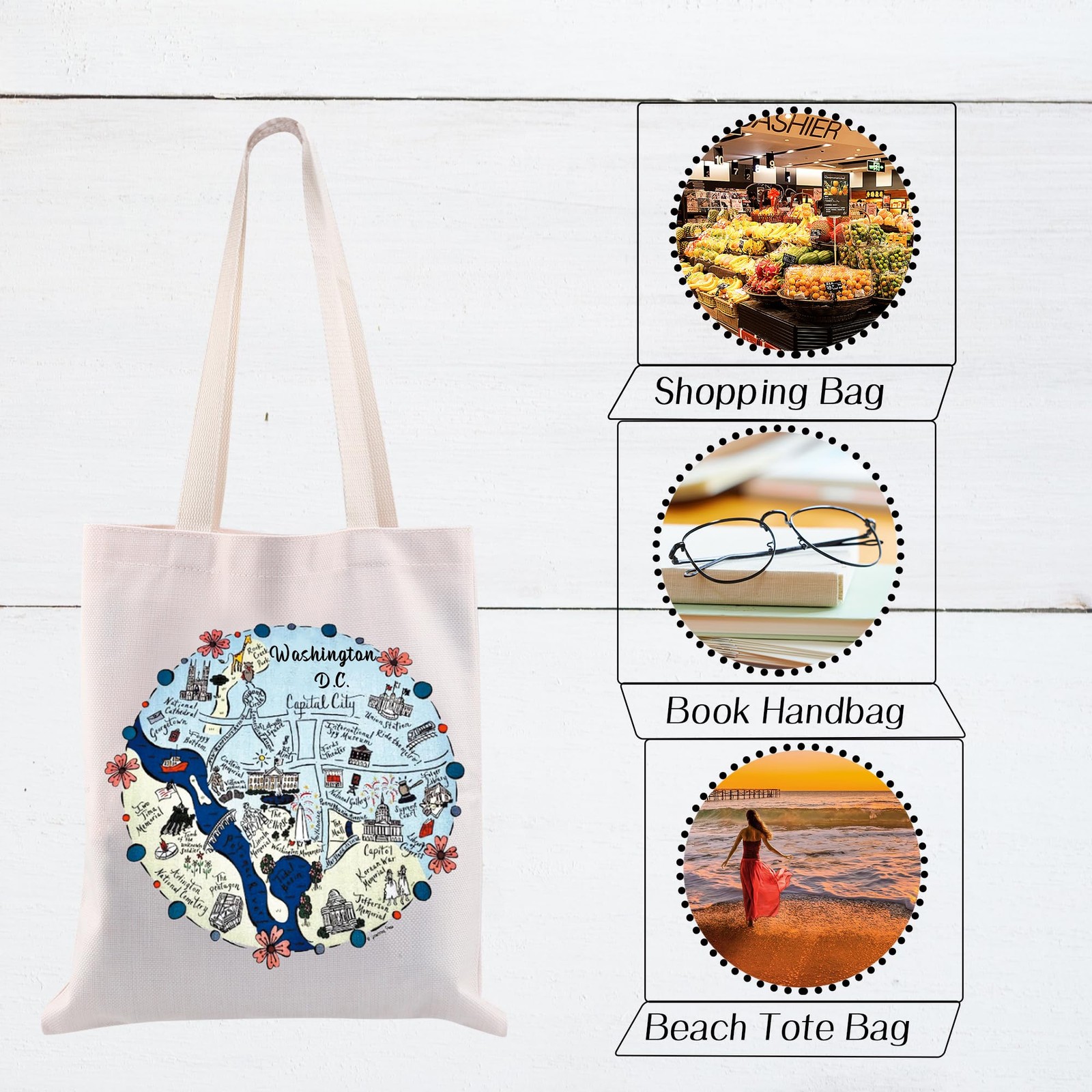 Washington DC Tote Bag Souvenir Gift with Map Reusable Shopping Bag Large