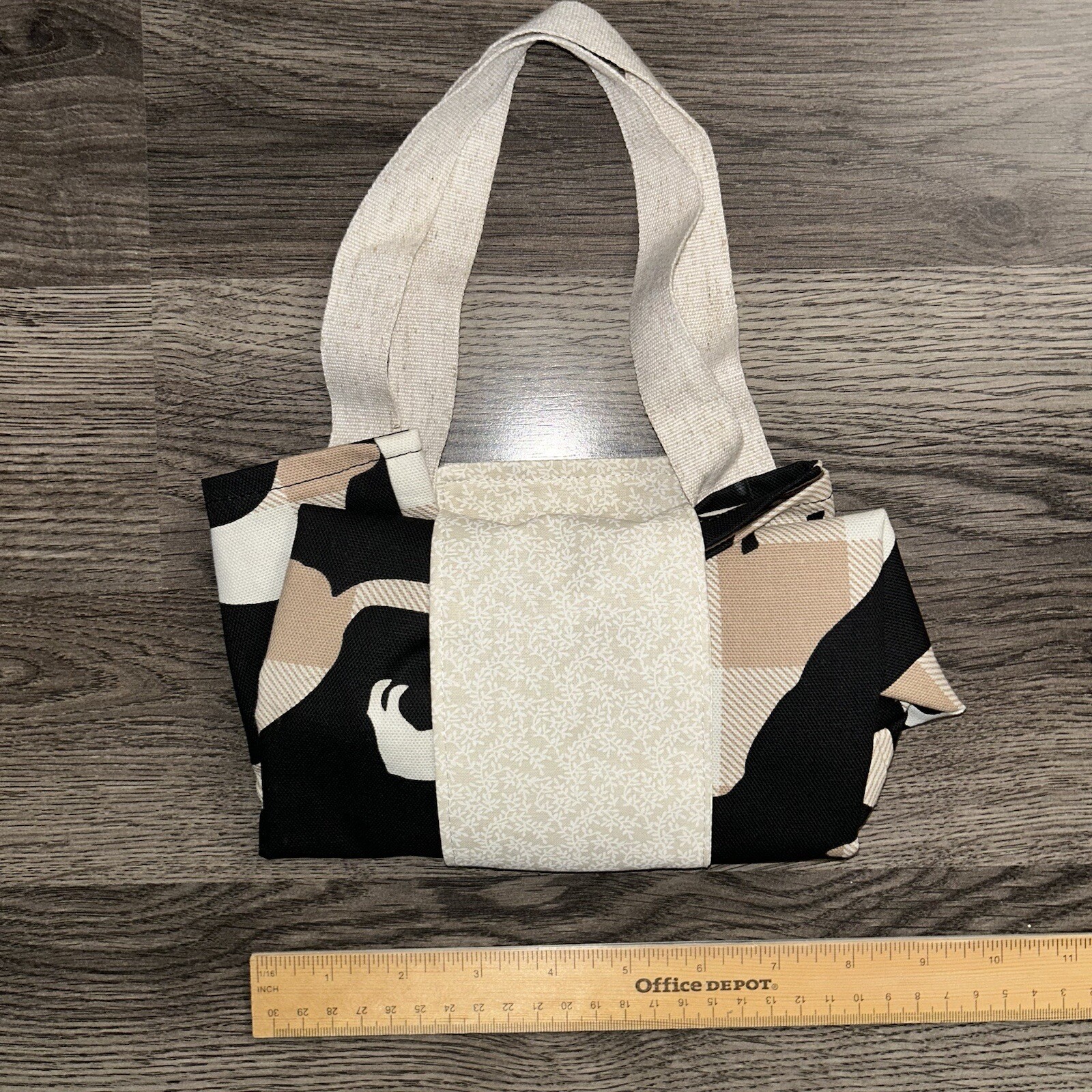 Handmade Embroidered Foldable Reusable Grocery Bag Khaki Plaid Black Dogs