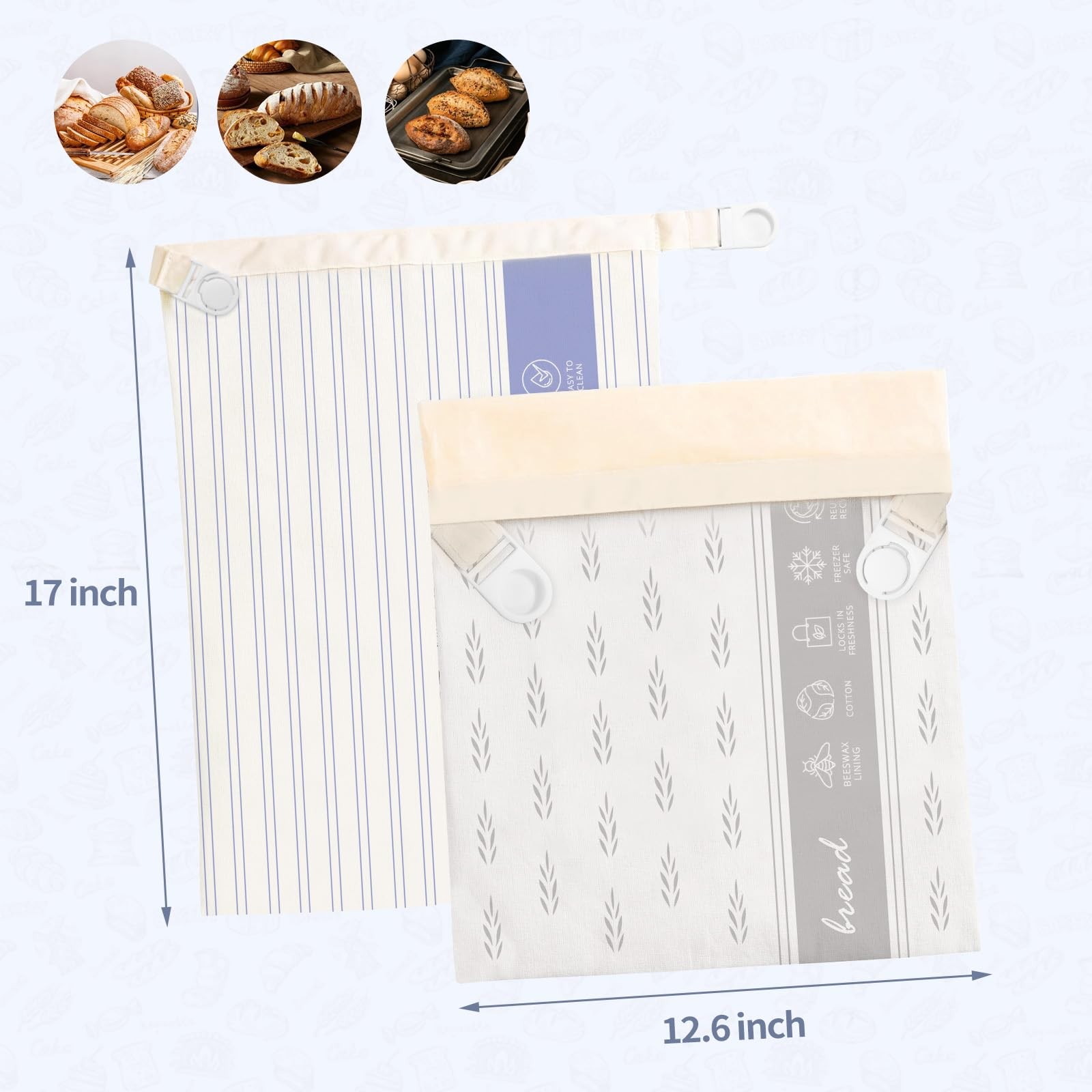 Saicefe 2 Pack Reusable Beeswax Bread Bags X-Large, Stripes & Wheat Patterns