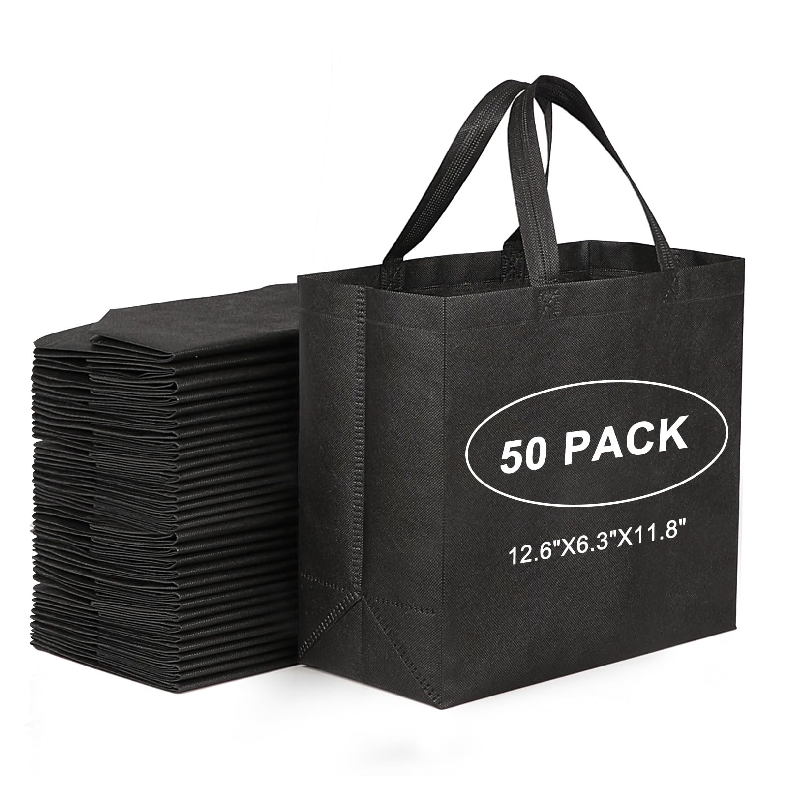 50 Pack Black Reusable Totes Bag with Reinforced Handles Non Woven Bulk Shopp…