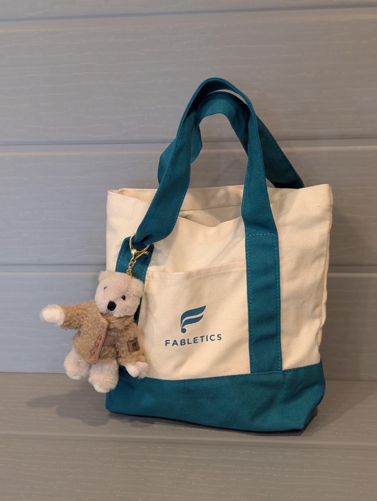 Fabletics Reusable Canvas Tote Bag With Fabletics Plush Bear Bag Charm