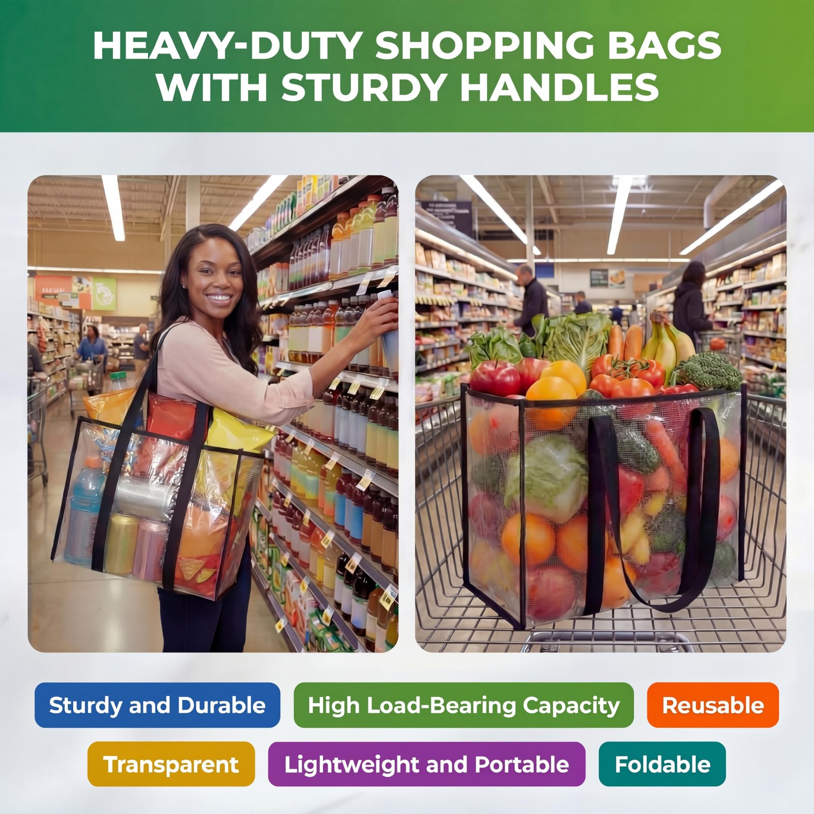 8 PCS Reusable Heavy Duty Grocery Shopping Bags Foldable 14.6x10x10 Inch