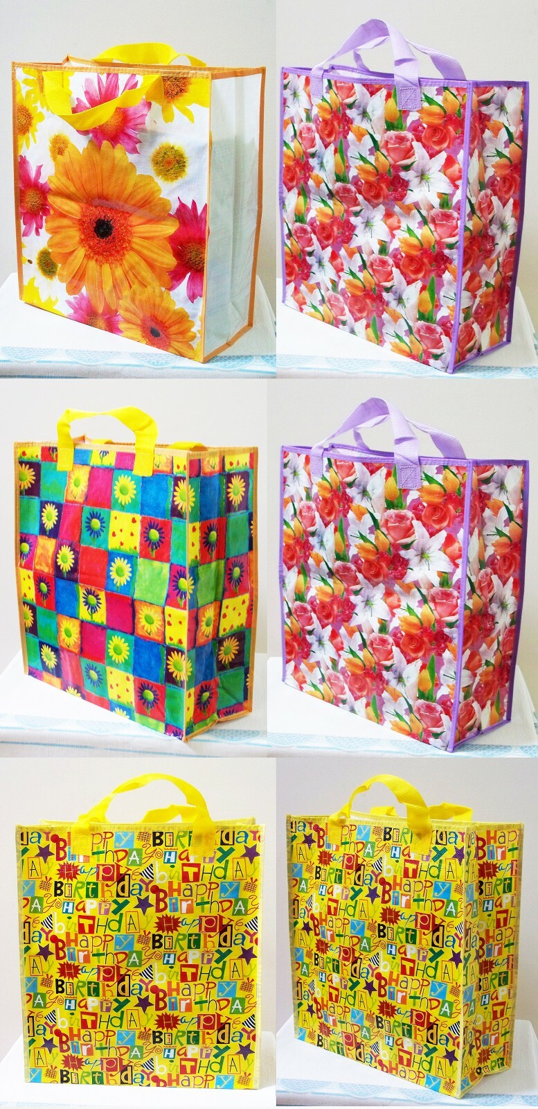2 pcs Large Heavy Duty Reusable Shopping Gift Bag Multi-Color Flower Birthday
