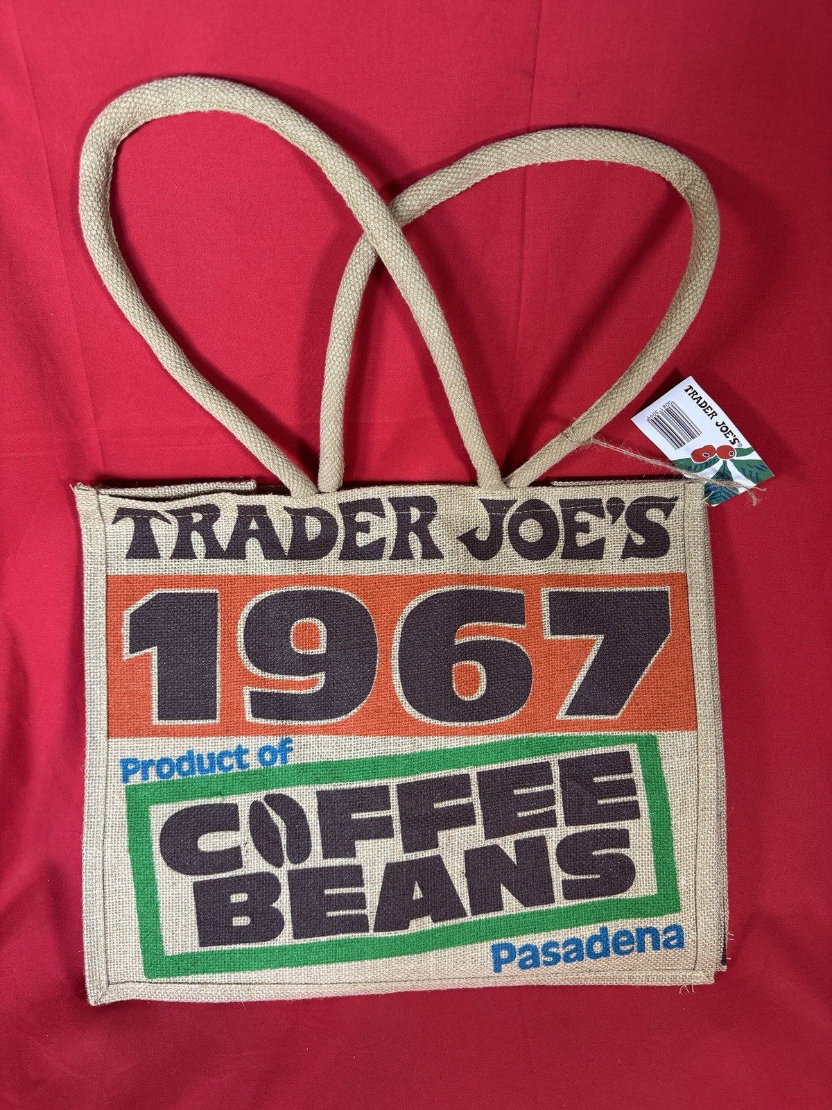 Trader Joe’s Jute 1967 Coffee Beans Pasadena Design 9 Gallon Tote Bag NWT