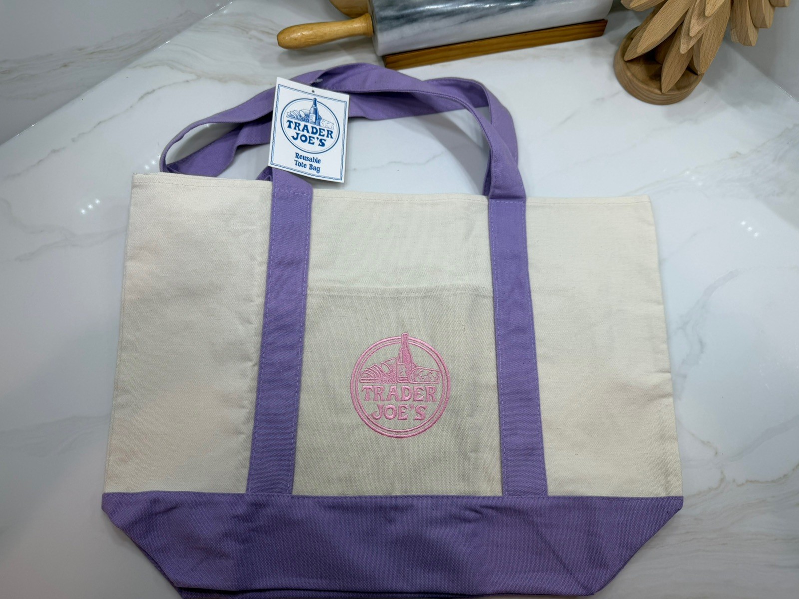 NWT Trader Joe’s Lavender Large Canvas Tote Bag Limited Release