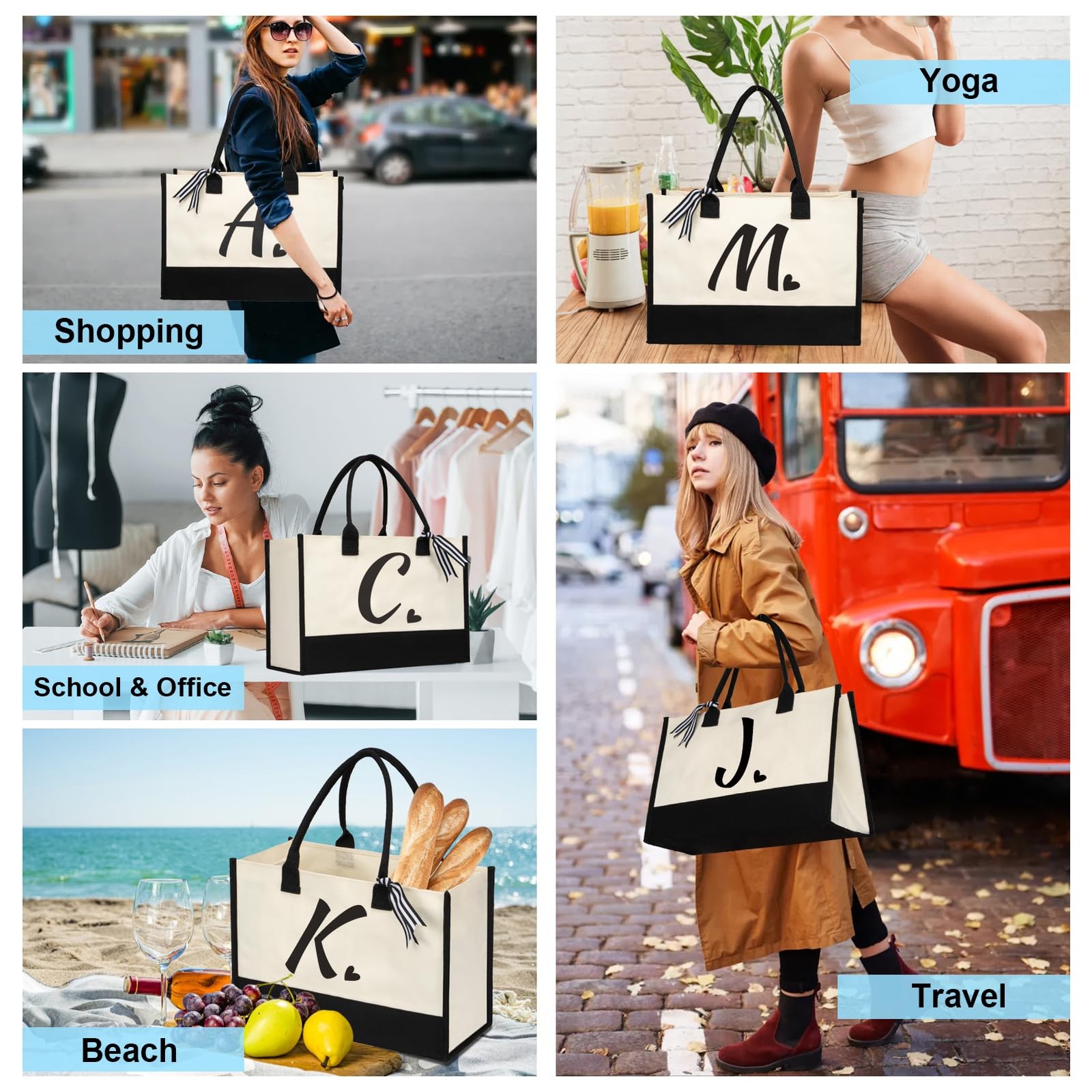 shenee Initial Canvas Tote Bag, Personalized Beach Jute Bag Present for