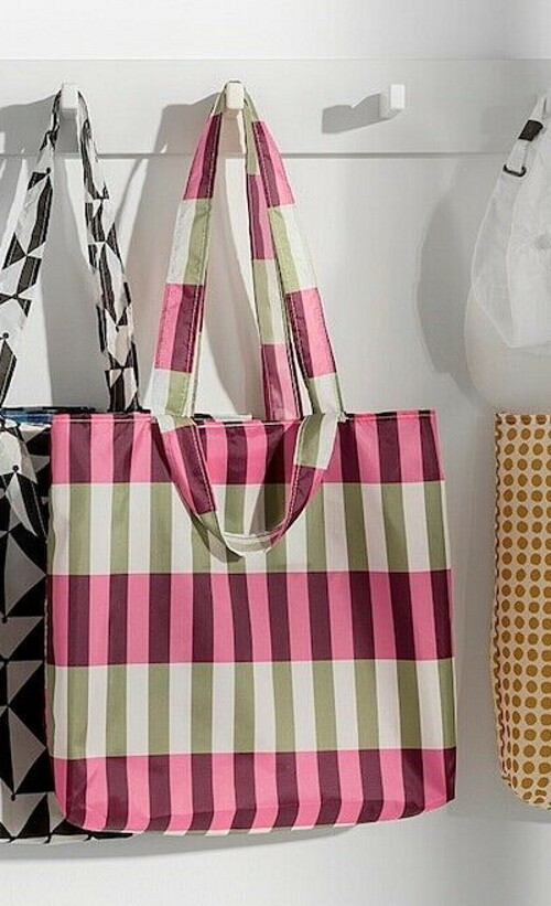 2 IKEA Skynke Reusable Shopping Bags Handles Pouch Plaid Pink Green Sustainable