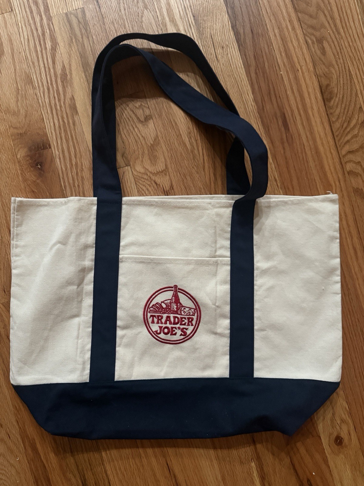 Trader Joe’s Canvas Reusable Shopping Bag Foldable Beige Navy Blue