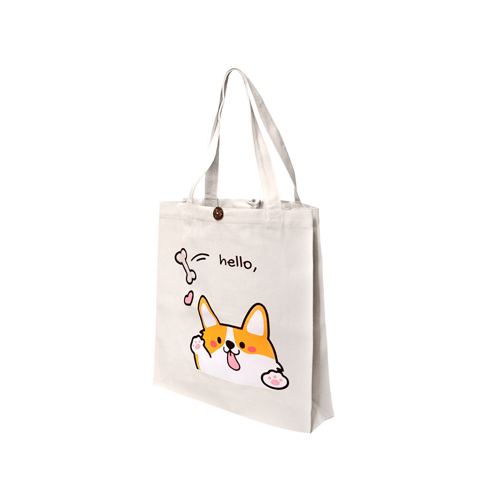 14″L x 14-1/2″H Reusable Canvas Grocery Bag Shopping Corgi Tote Bag Inside Pouch