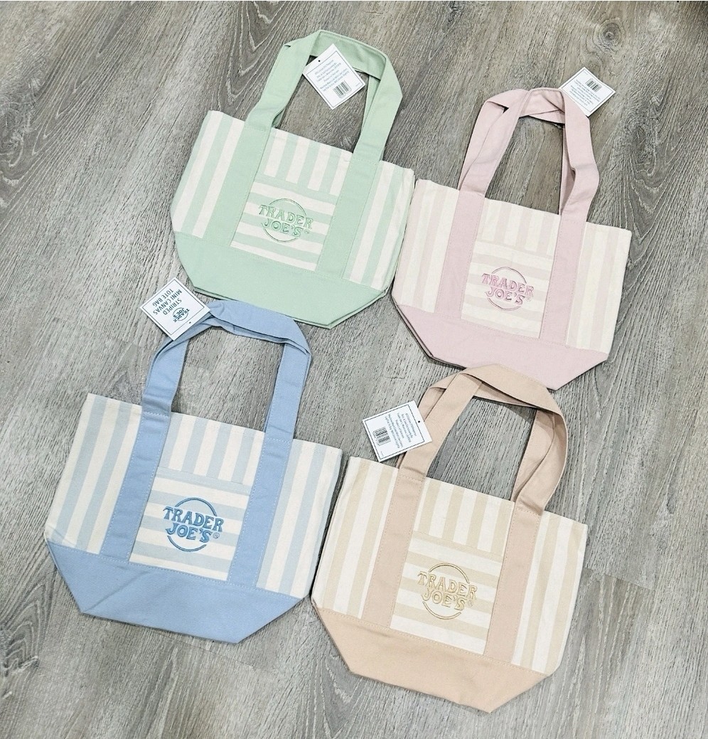 Trader Joe’s MINI PASTEL STRIPE CANVAS TOTE BAGS SET Of 4 Pink Blue Green Beige!