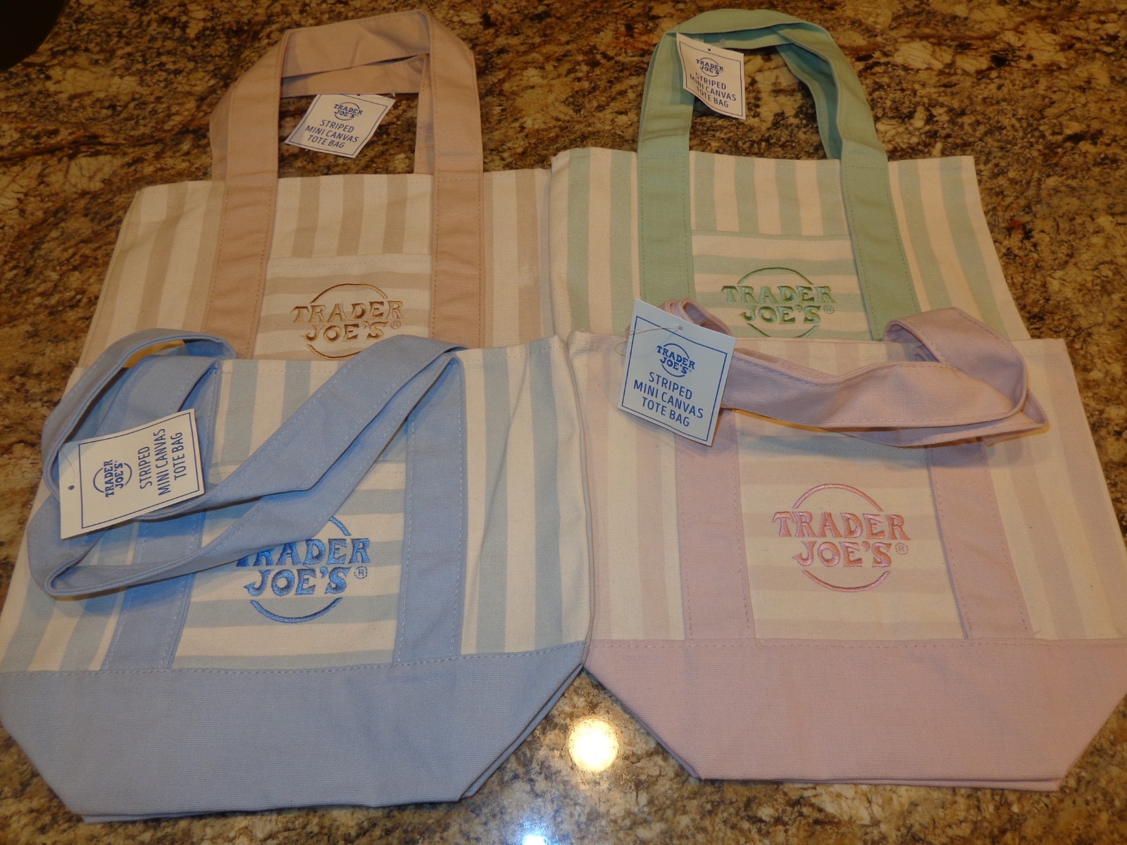 (4) .. Trader Joe’s Striped Mini Canvas Tote Bags .. Blue, Green, Pink, Tan