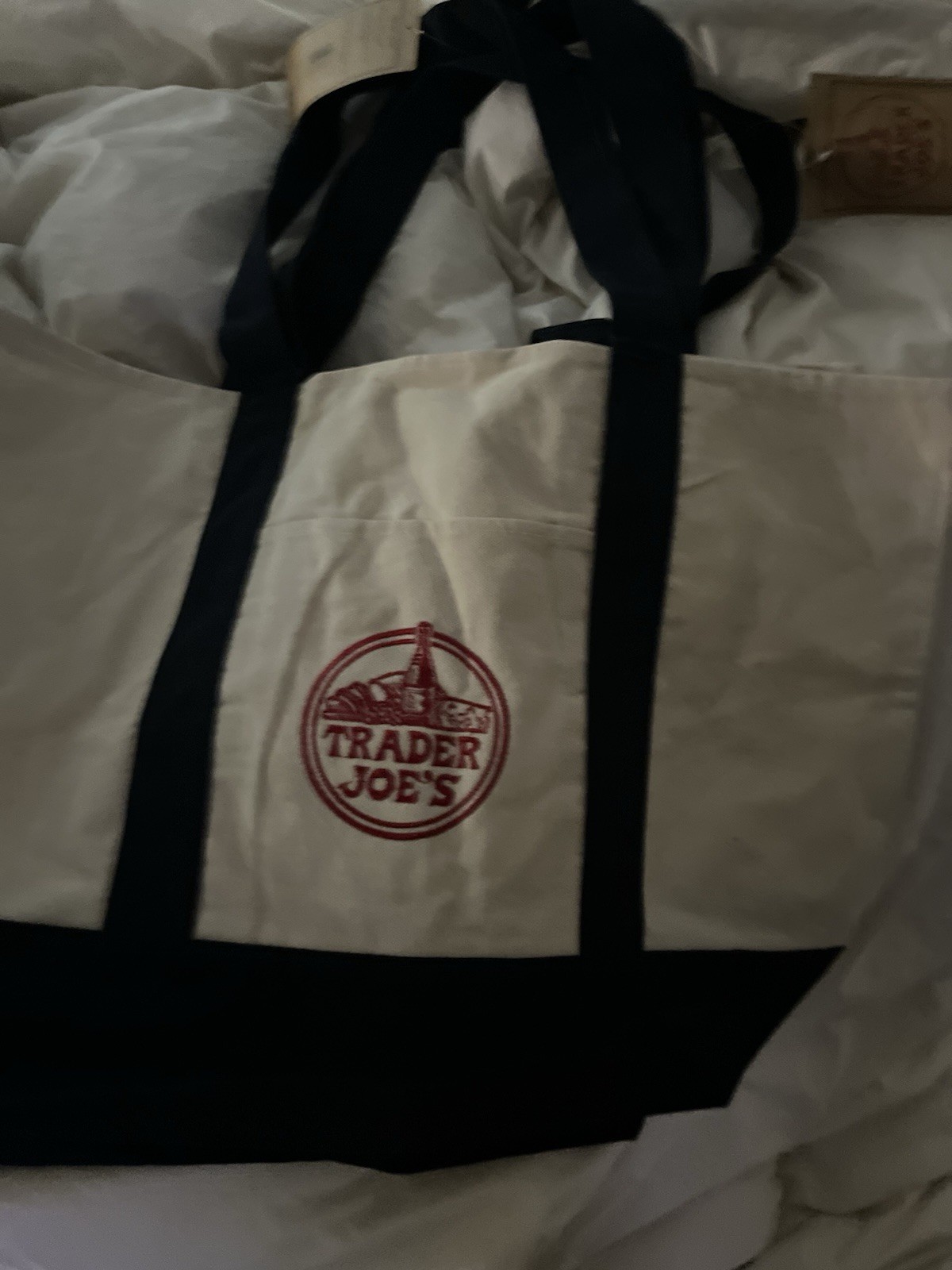 Trader Joe’s Canvas Reusable Shopping Bag Beige Black Red Solid Tote