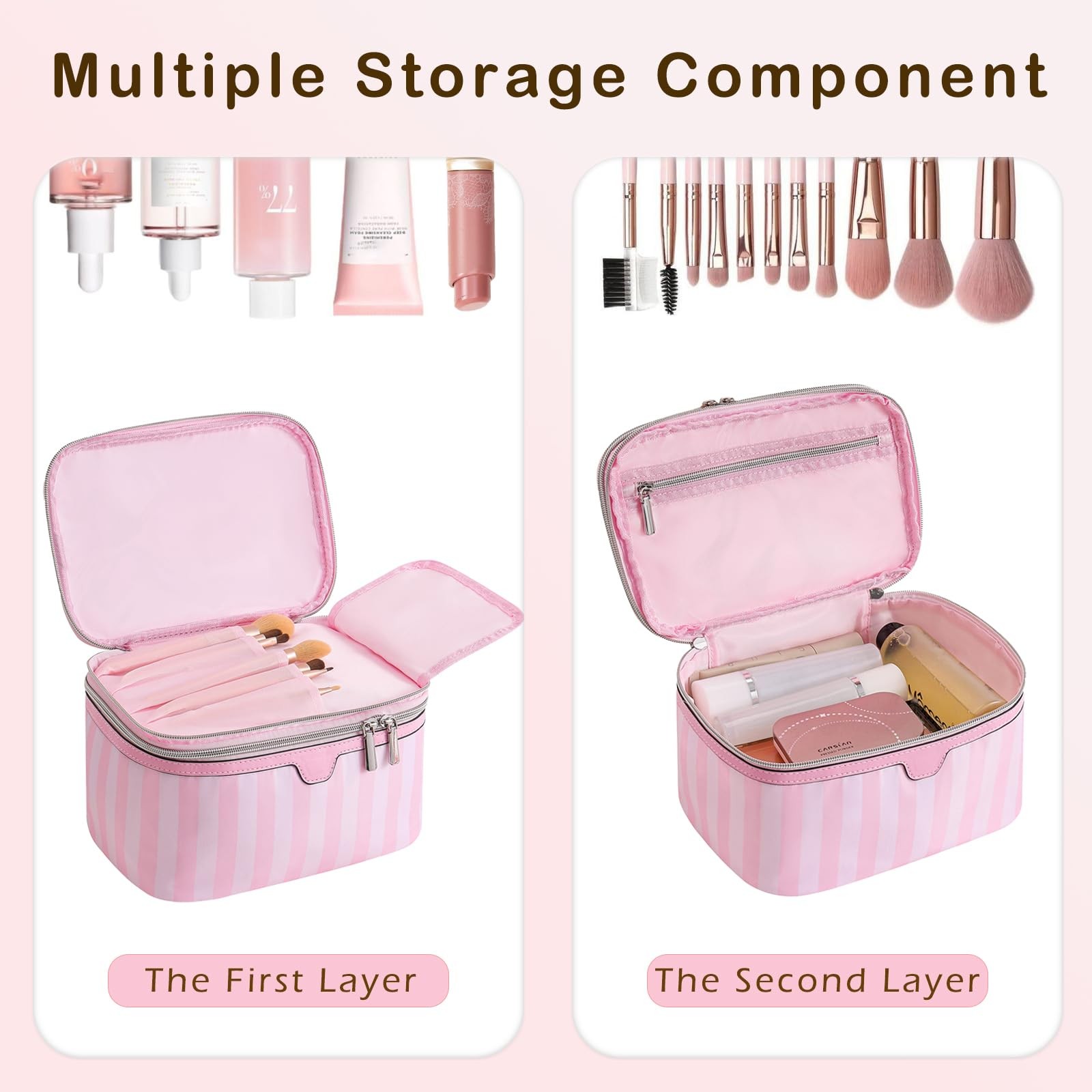 RSRSLEII Large Waterproof Double Layer Travel Makeup Bag, 01Top Open