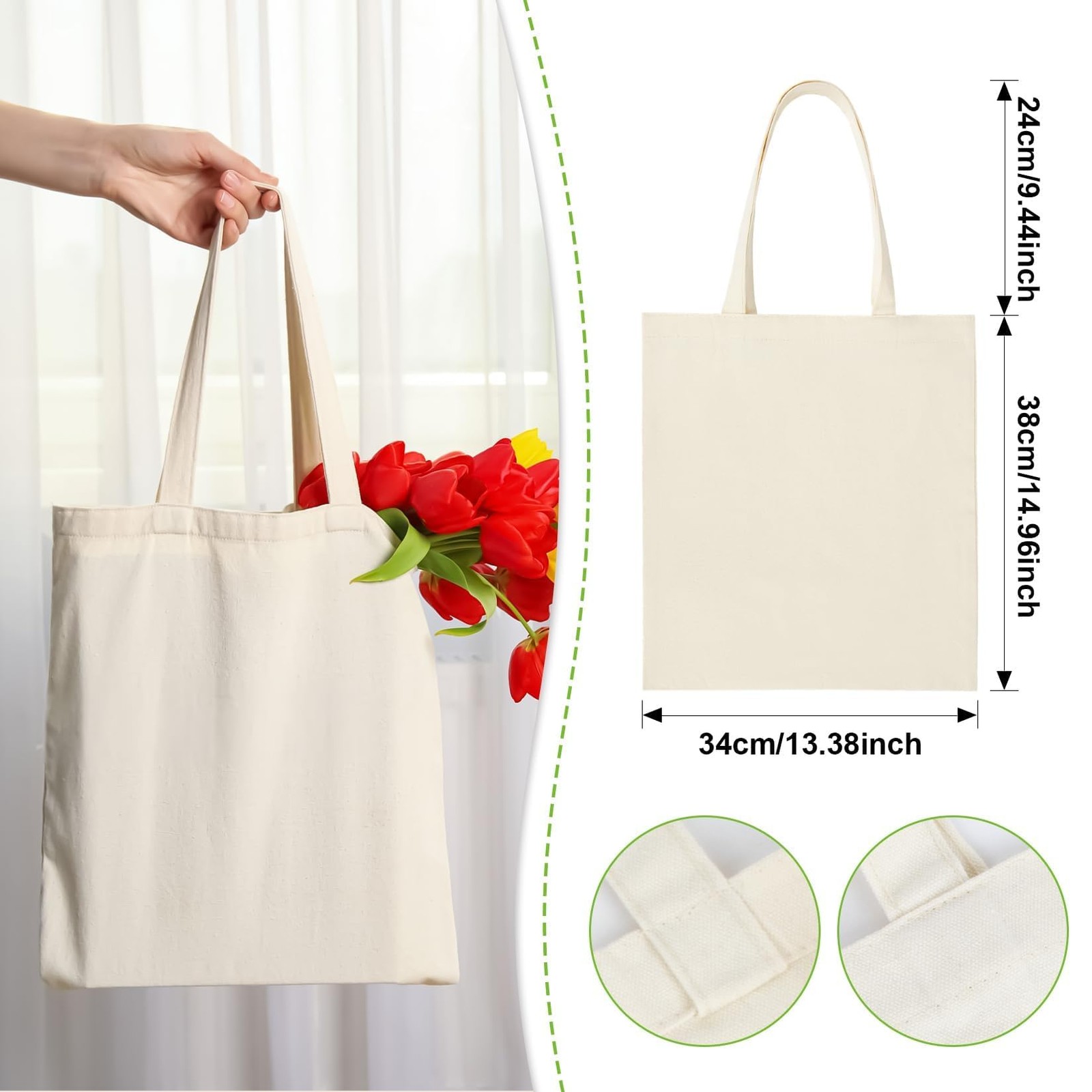 RAINFLOW Canvas Tote Bag – 4 PCS Cotton Reusable Grocery Medium, Beige