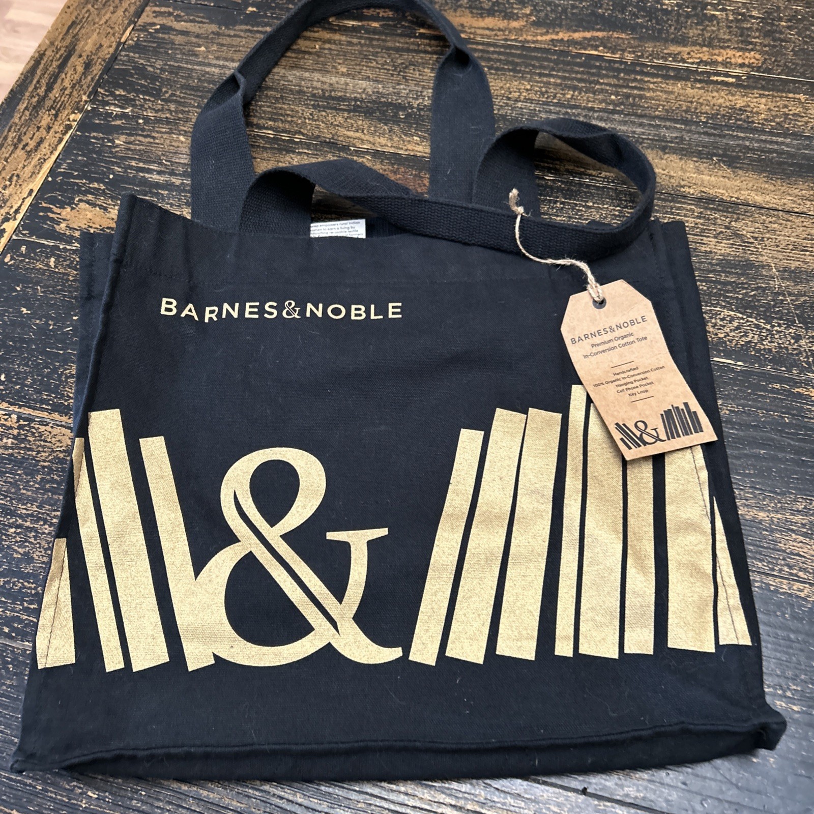 Barnes & Noble Premium Organic Cotton Tote Bag Black Gold Inside Pocket Key Loop