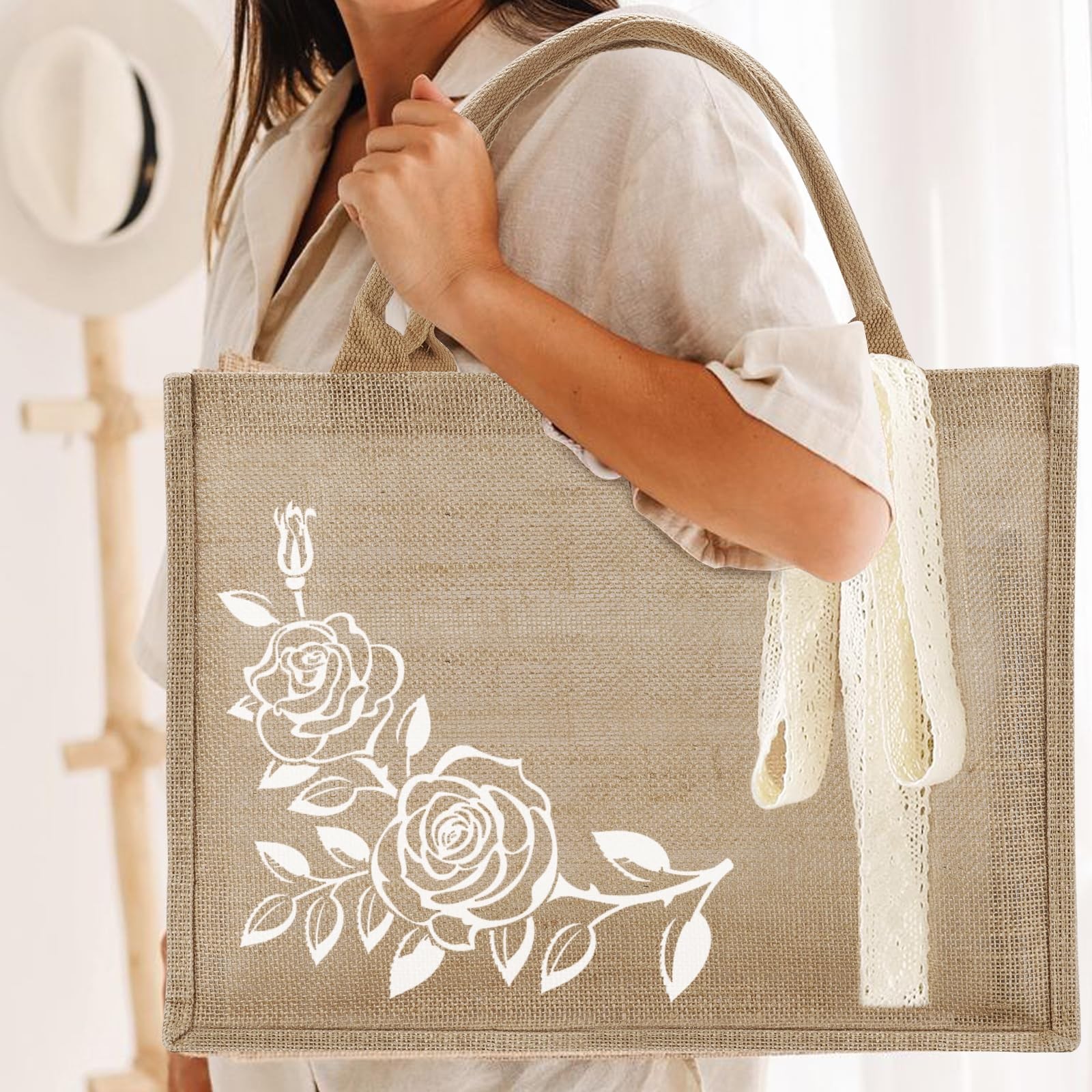 10 Pack Large Burlap Tote Bags Bulk, Reusable Jute Tote Bag with 10Yd Ribbon …