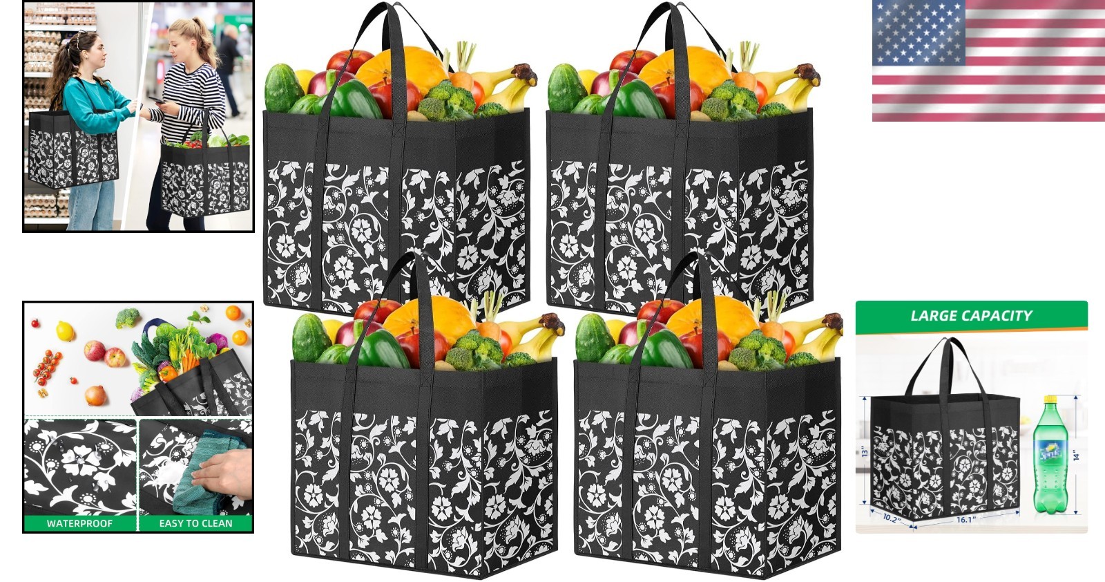Convenient Multi-Use Foldable Tote Bags – 4-Pack Heavy Duty and Waterproof