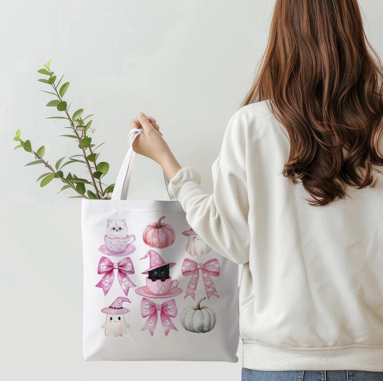 Foldable Canvas Tote Bag White Pink Halloween Cat Pumpkin Ghost All-Over Pattern