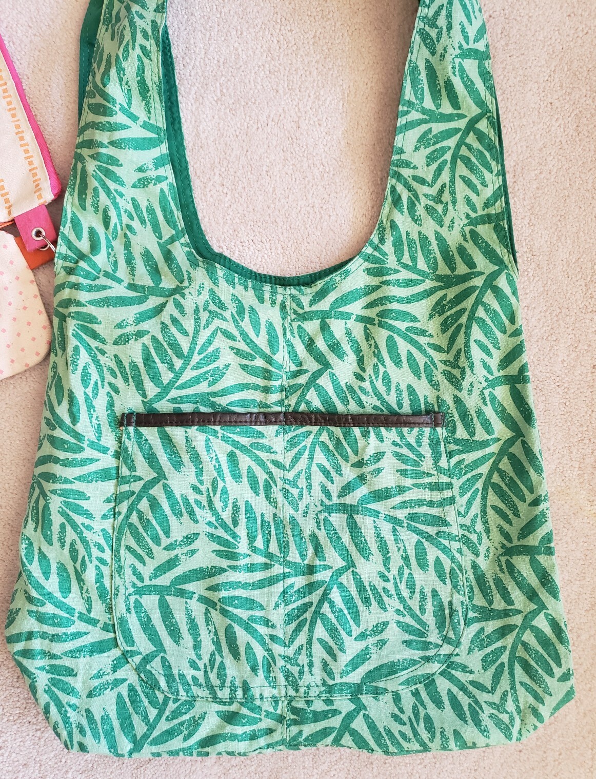 Reusable Green Print Linen-Cotton Magnetic Snap Closure Shopping Shoulder Bag