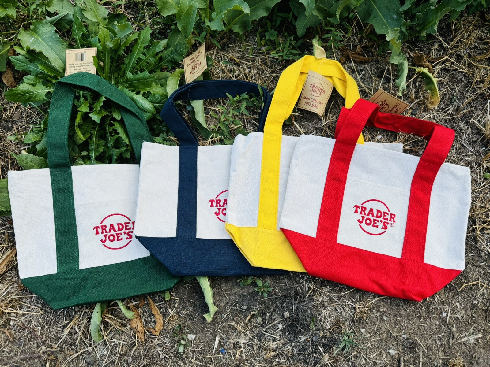 Trader Joe’s Mini Tote Bags Set of ALL 4 Blue Red Green Yellow – SOLD OUT!!!