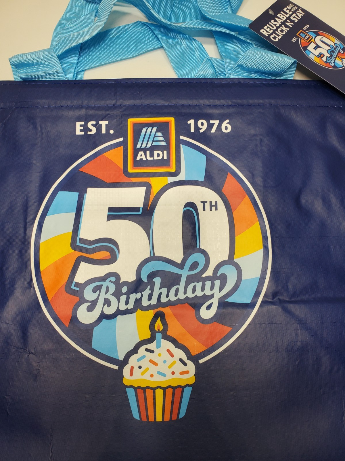 ALDI XL Reusable CLICK AND STAY 50th Birthday Est. 1976 Shopping Bag Tote🔵 NEW