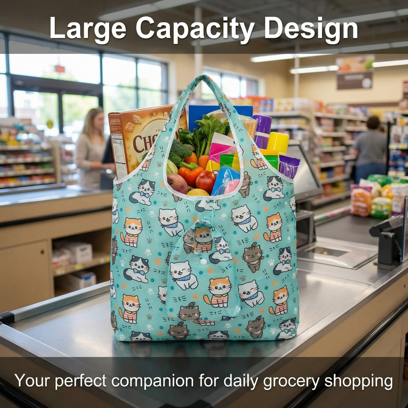 Cute Cat Print Reusable Shopping Bag | Foldable Eco Grocery Tote