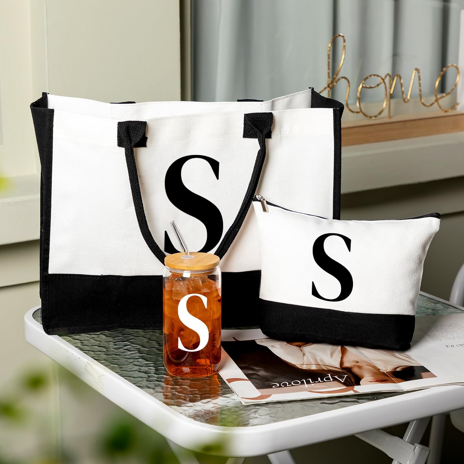 Aliceset Initial Gifts for Women Monogram Canvas Tote Large, As Picture Shown