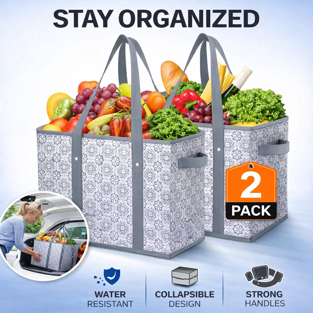 2 Pack Reusable Grocery Bags Large Collapsible Tote Box Water Resistant Shopping