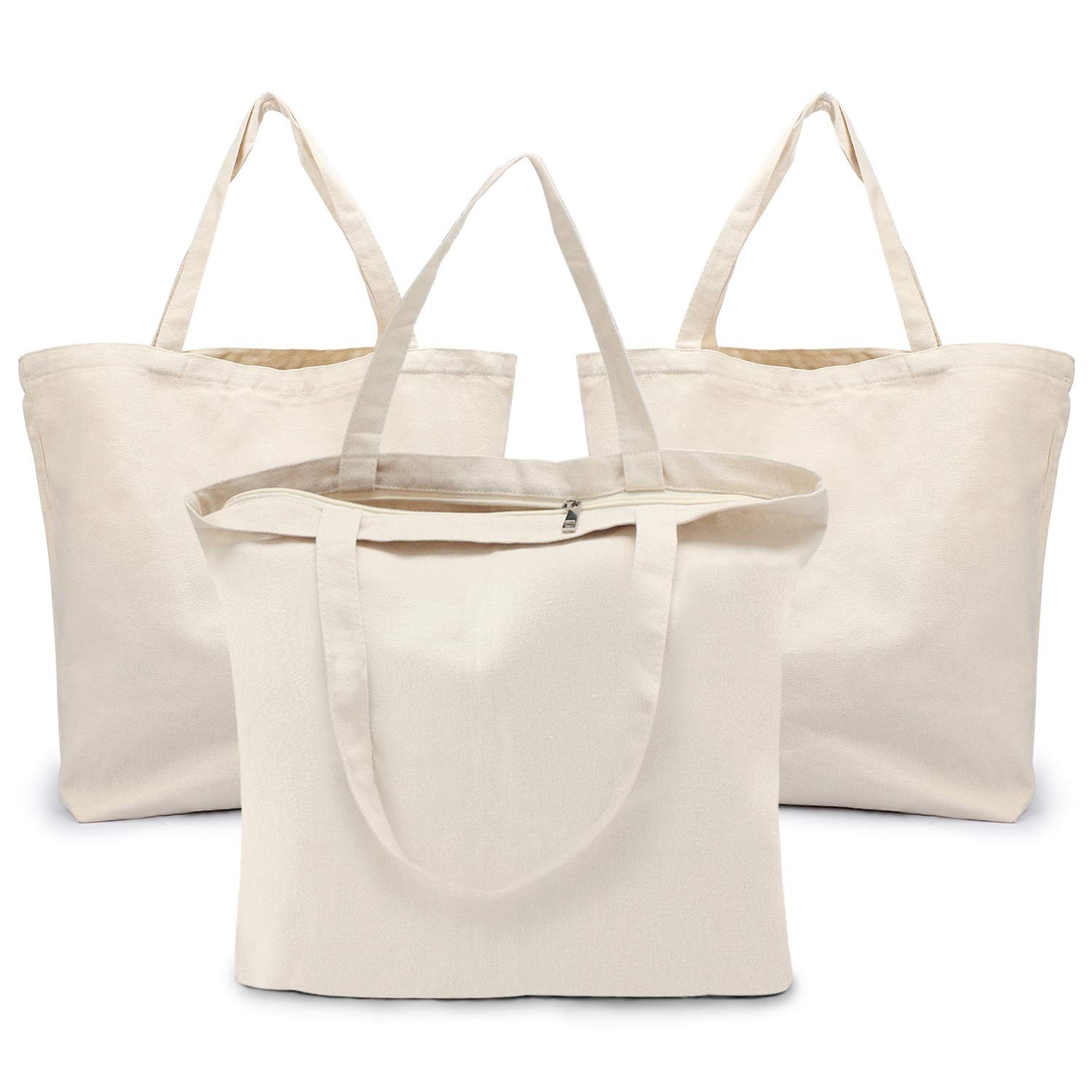 Blank Tote Canvas Bag with Zipper, 3pcs 19.7×15.7 inch Bags with Handles, 12o…