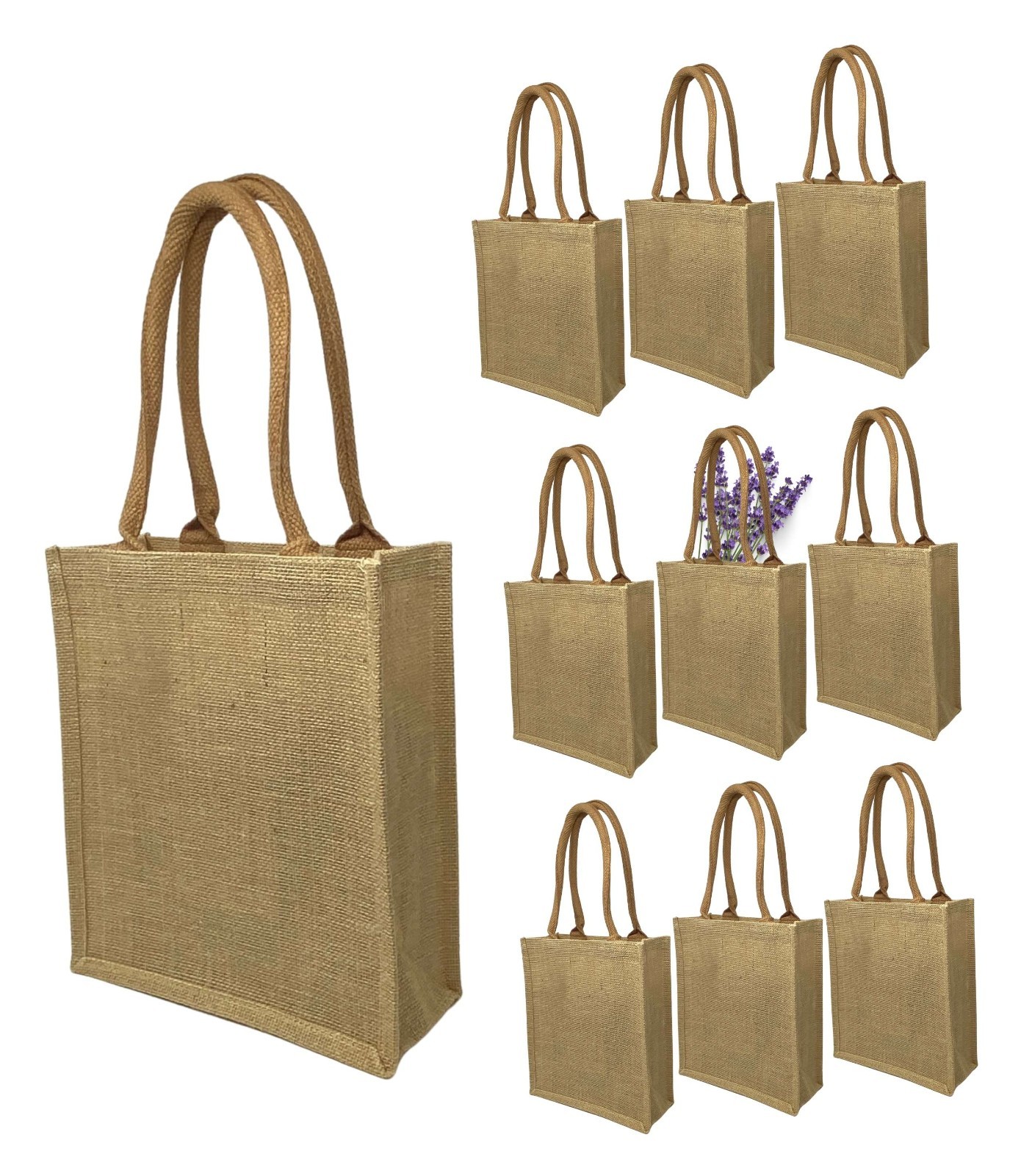 10 Pack Jute Burlap Tote Bags with Handles (11 x 9.5 in) DIY Art Blank Beach
