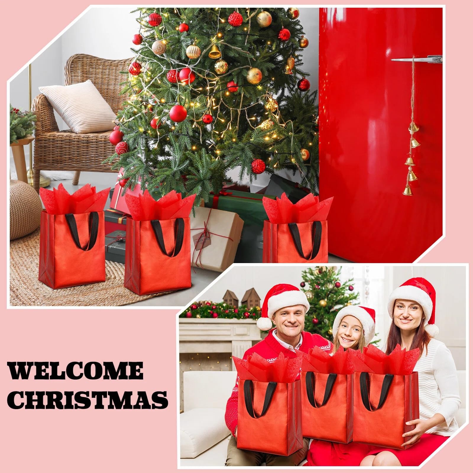 60 Sets Reusable Gift Bags Tissues Papers Glossy Non Woven Tote Red Handle