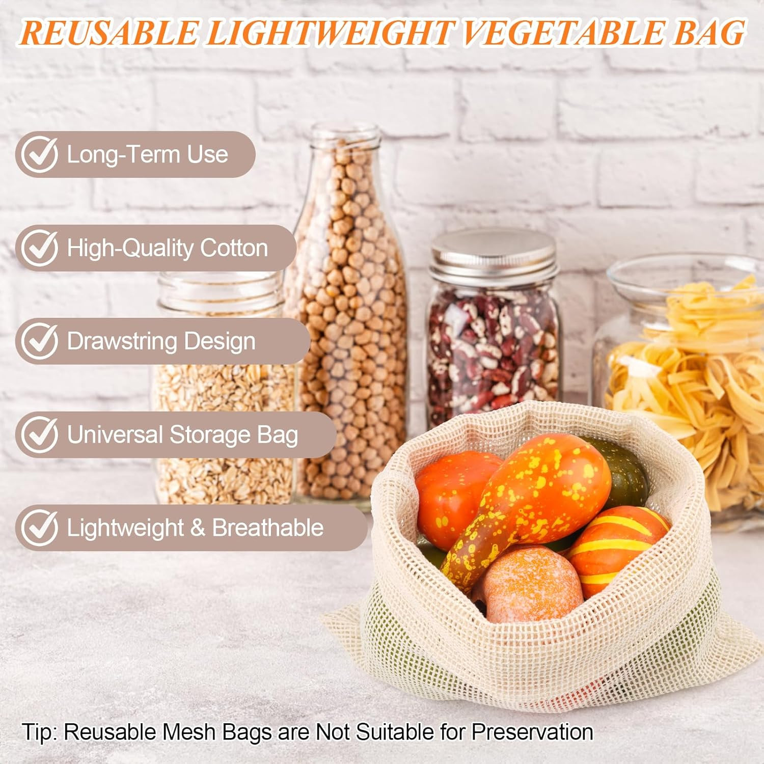 Reusable Cotton Mesh Produce Bags – 8 Pack for Groceries and Storage