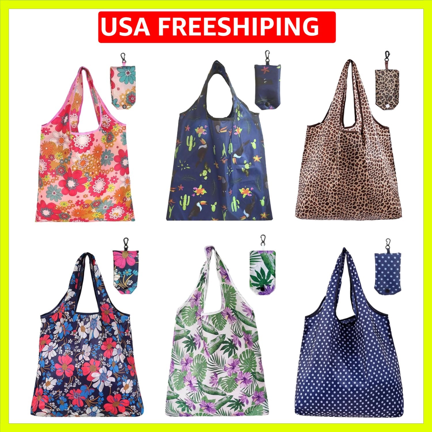 6 Pcs Reusable Shopping Bags Foldable,Grocery Bags in Pocket,Waterproof and M…