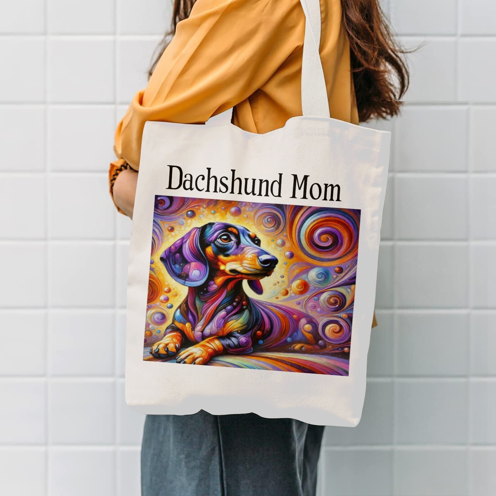 Reusable grocery tote bag canvas. Dachshund Dog