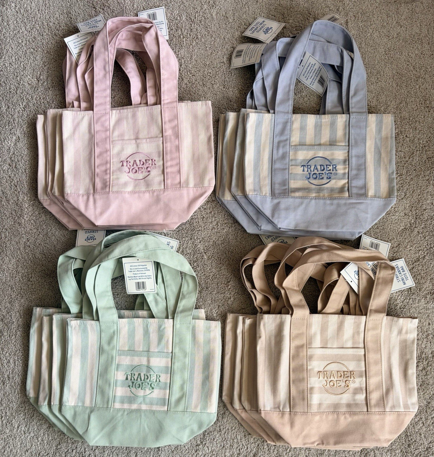 Trader Joe’s Reusable Striped Tote Bags 4-Pack Multicolor 4 sets -16 bags total.