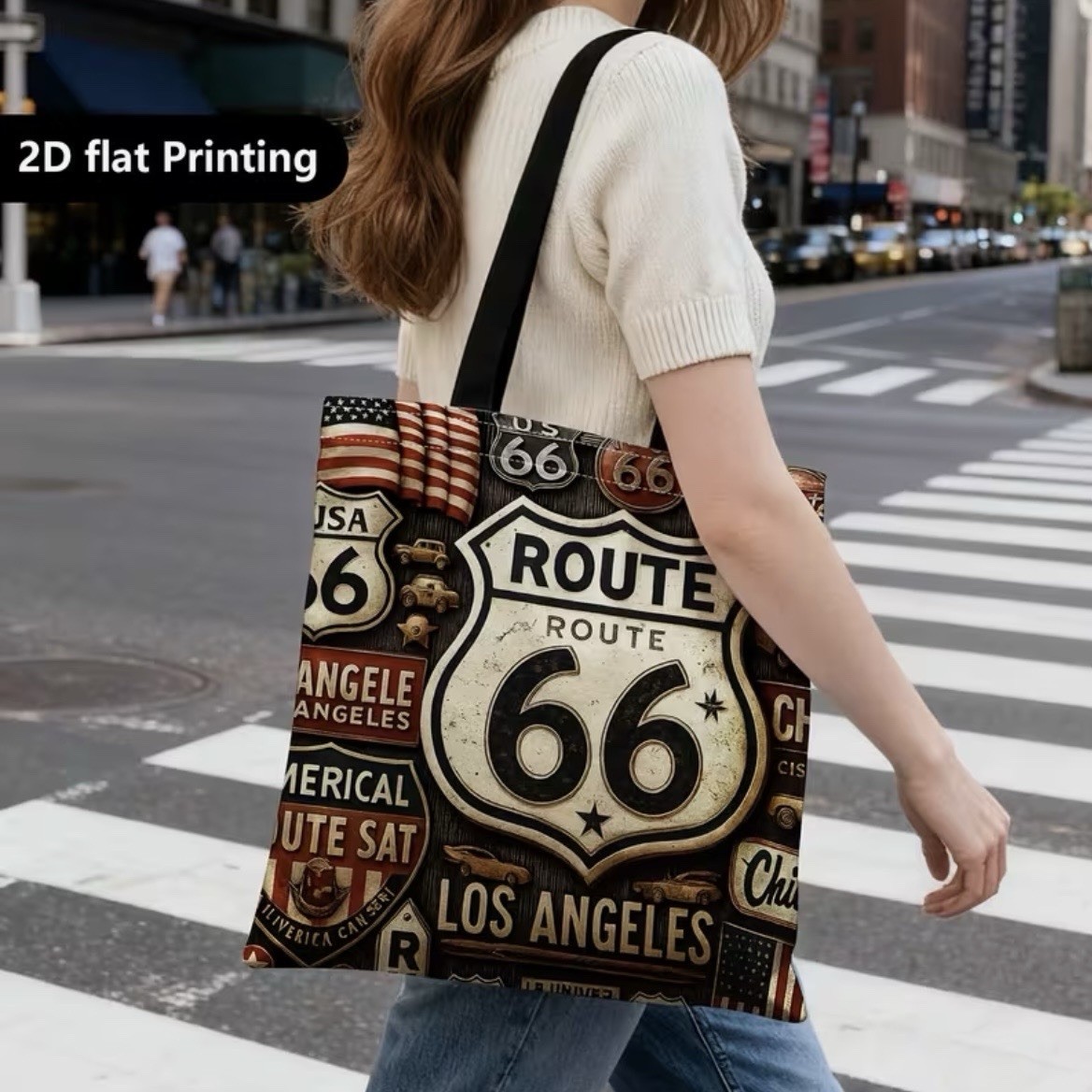 1pc Double-Sided 2D Flat Printing Shopping Tote Bag, Vintage, Route 66