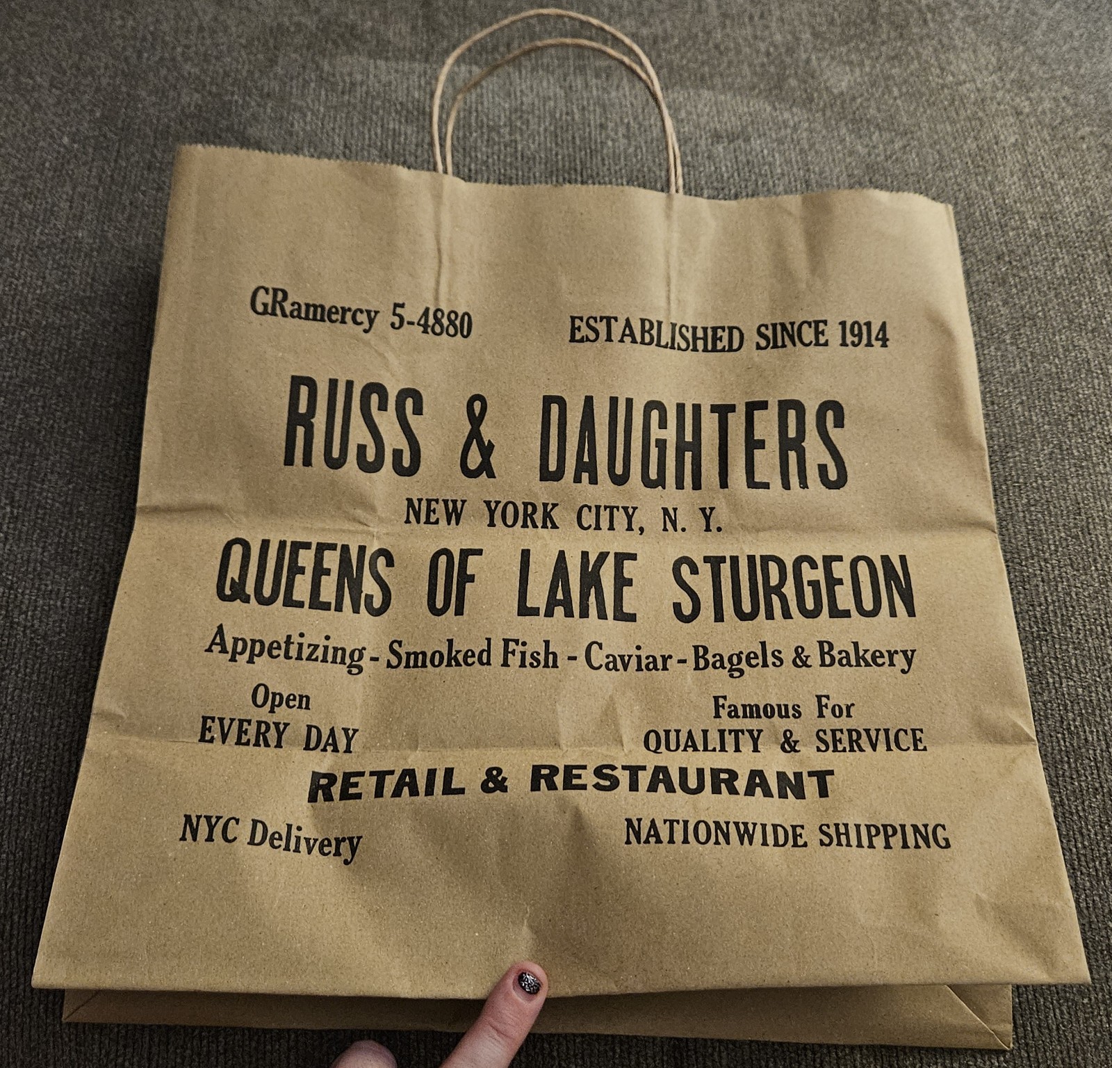 Russ & Daughters Brown Paper Tote Shopping Graphic Print Bag New York Bagel RARE